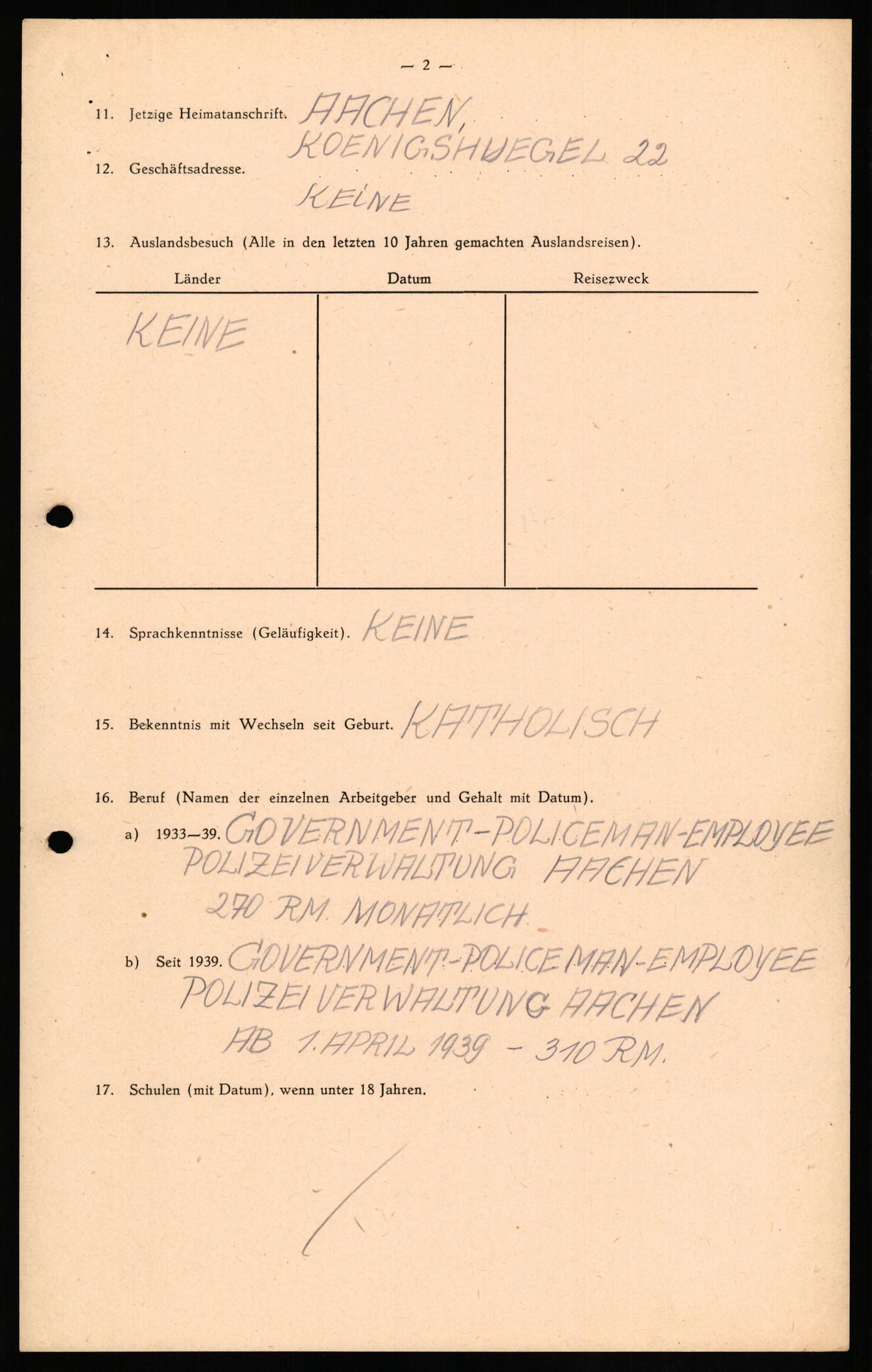 Forsvaret, Forsvarets overkommando II, RA/RAFA-3915/D/Db/L0023: CI Questionaires. Tyske okkupasjonsstyrker i Norge. Tyskere., 1945-1946, p. 422