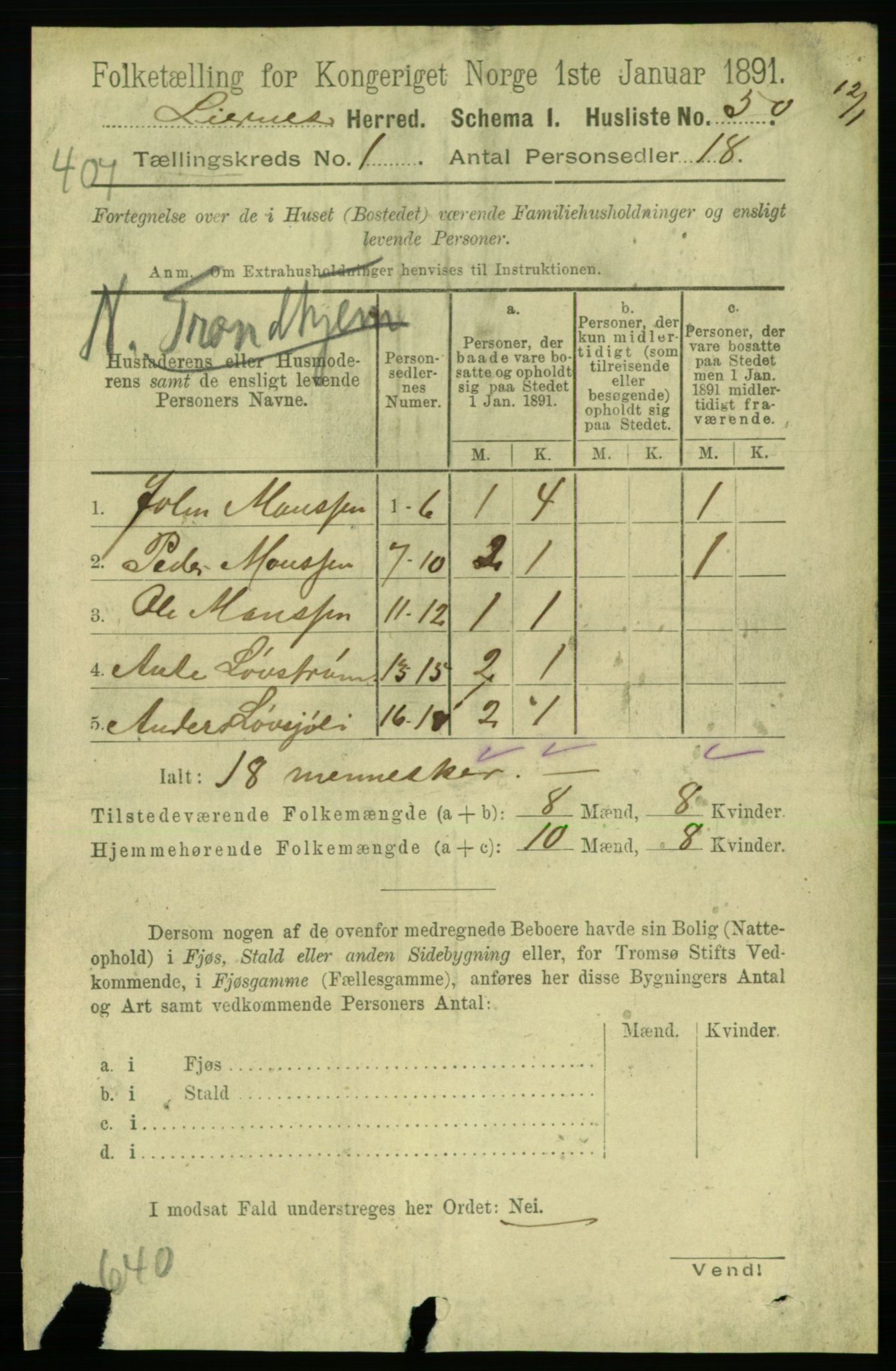 RA, 1891 census for 1737 Lierne, 1891, p. 65