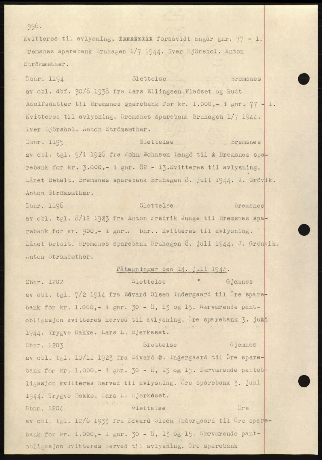 Nordmøre sorenskriveri, AV/SAT-A-4132/1/2/2Ca: Mortgage book no. C81, 1940-1945, Diary no: : 1194/1944