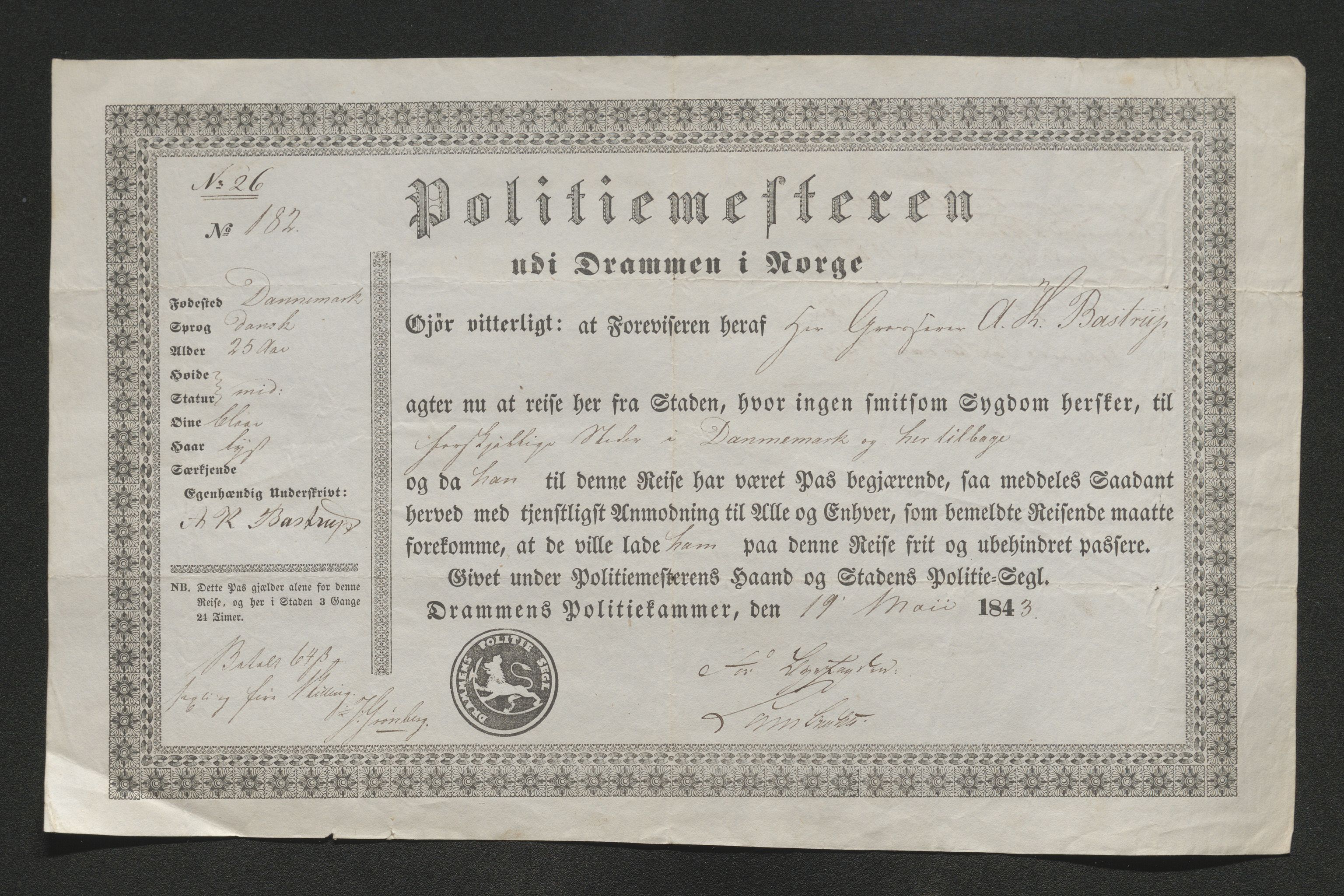 Drammen politikammer, AV/SAKO-A-623/I/Ia/Iab/L0007: Innleverte pass, 1843-1844, p. 224