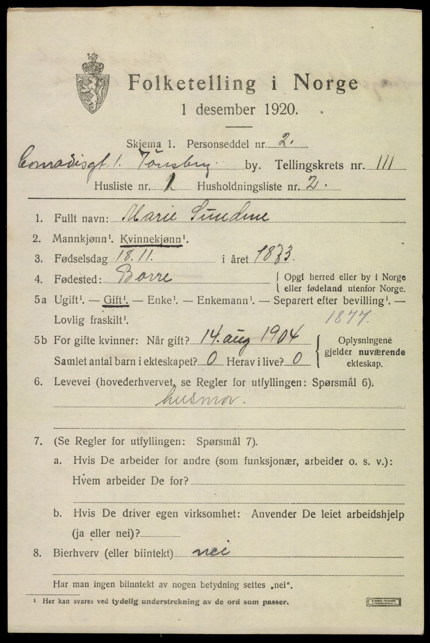 SAKO, 1920 census for Tønsberg, 1920, p. 10883