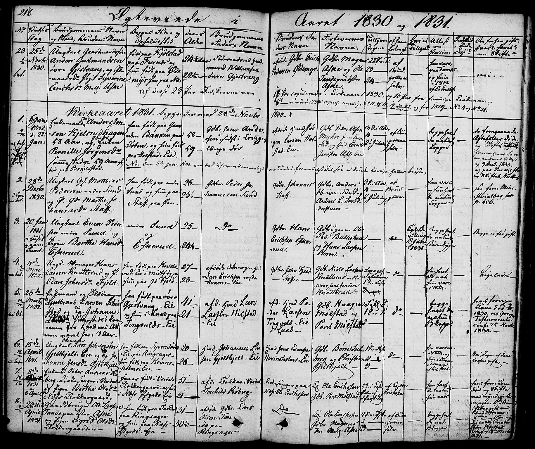 Nes prestekontor, Hedmark, SAH/PREST-020/K/Ka/L0003: Parish register (official) no. 3, 1827-1851, p. 218