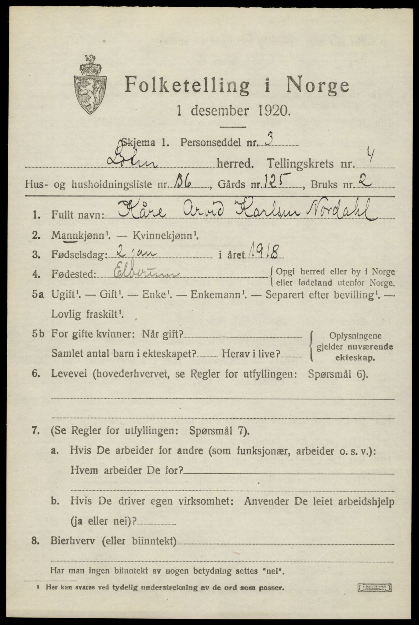 SAH, 1920 census for Løten, 1920, p. 8827