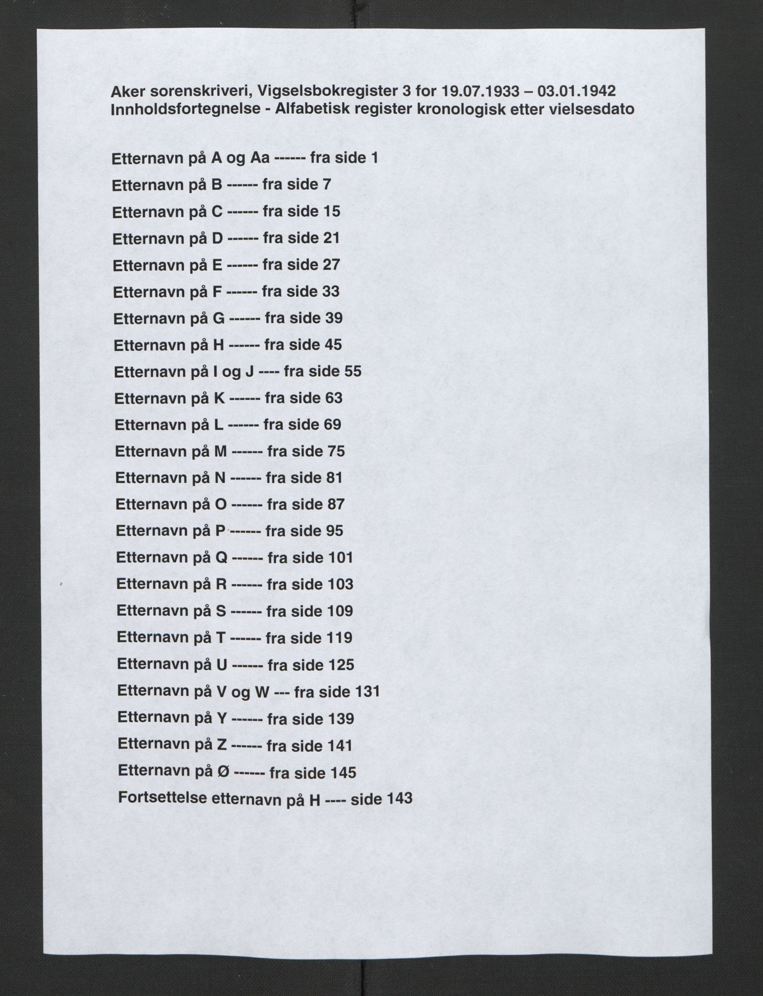 Aker sorenskriveri, AV/SAO-A-10895/L/Lc/Lca/L0001/0003: Register til vigselprotokoll / Register, 1933-1942