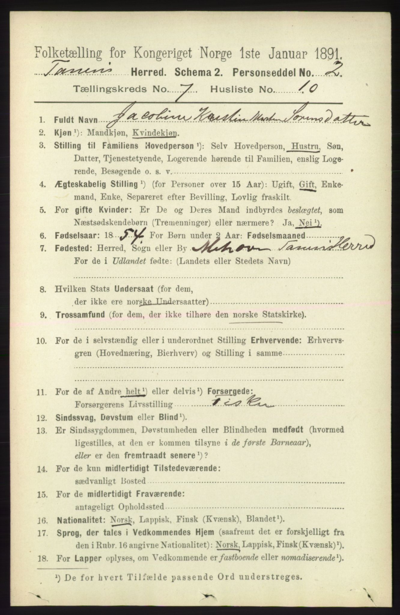 RA, 1891 census for 2025 Tana, 1891, p. 3144
