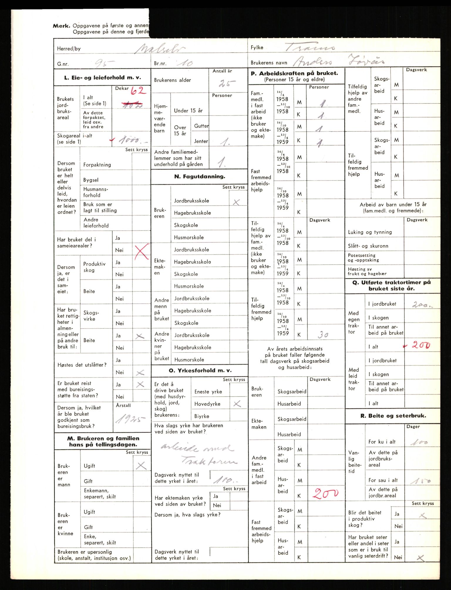 Statistisk sentralbyrå, Næringsøkonomiske emner, Jordbruk, skogbruk, jakt, fiske og fangst, AV/RA-S-2234/G/Gd/L0655: Troms: 1924 Målselv (kl. 4-10), 1959, p. 1809