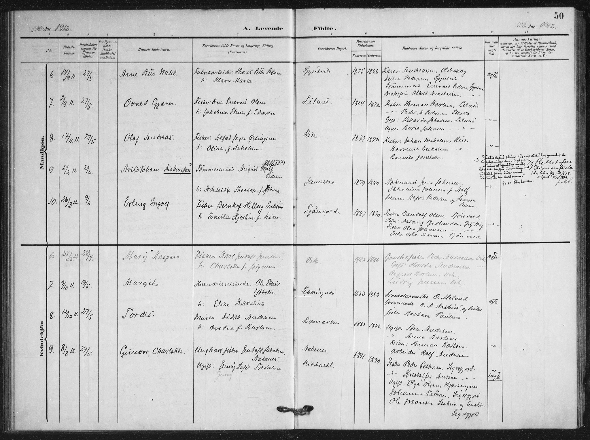 Ministerialprotokoller, klokkerbøker og fødselsregistre - Nordland, AV/SAT-A-1459/895/L1373: Parish register (official) no. 895A08, 1905-1915, p. 50