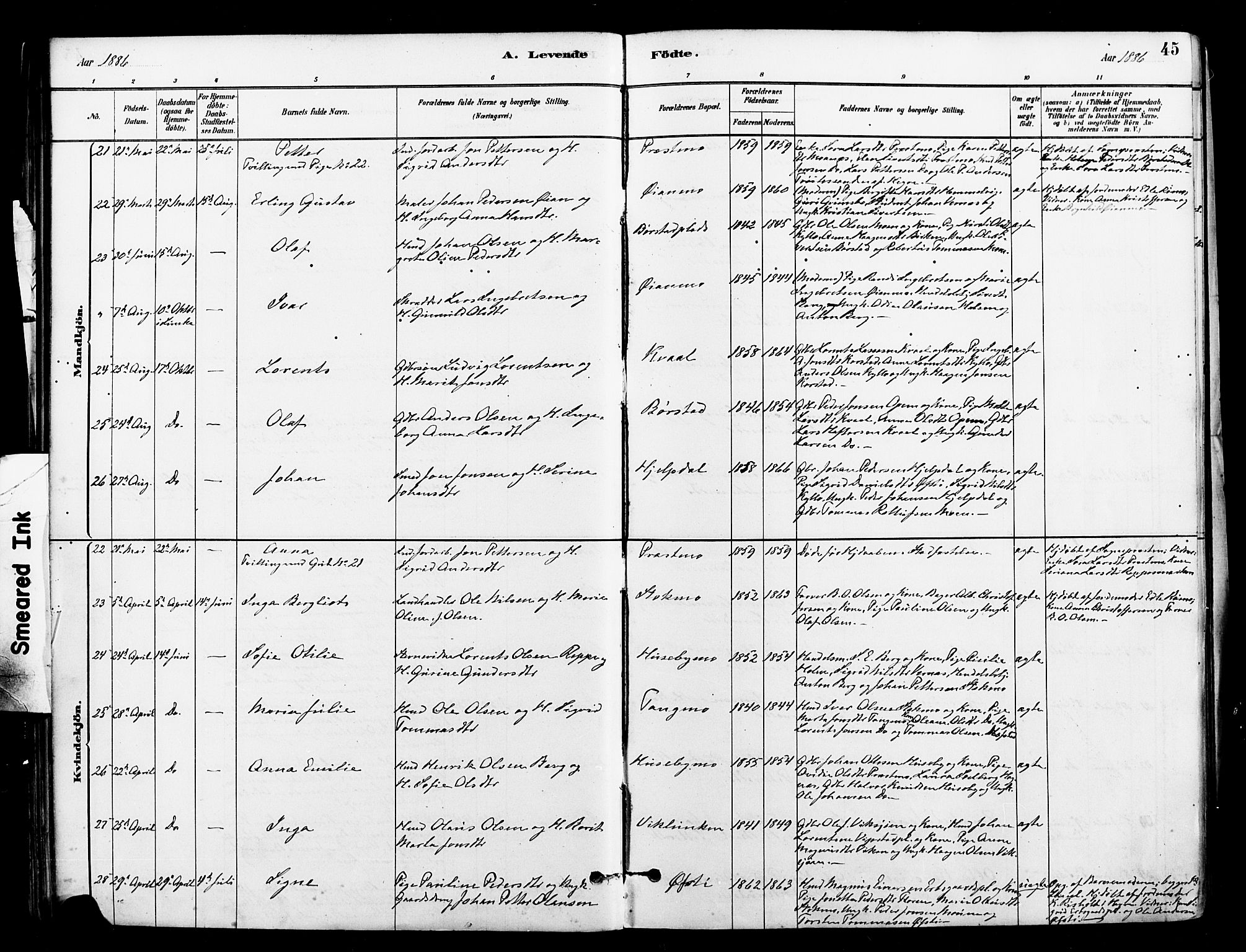 Ministerialprotokoller, klokkerbøker og fødselsregistre - Nord-Trøndelag, AV/SAT-A-1458/709/L0077: Parish register (official) no. 709A17, 1880-1895, p. 45