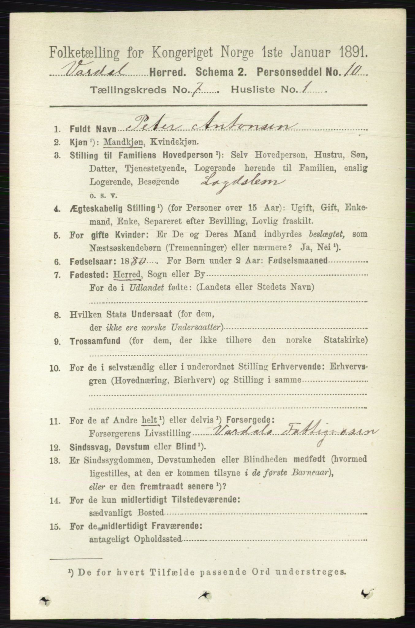 RA, 1891 census for 0527 Vardal, 1891, p. 2975