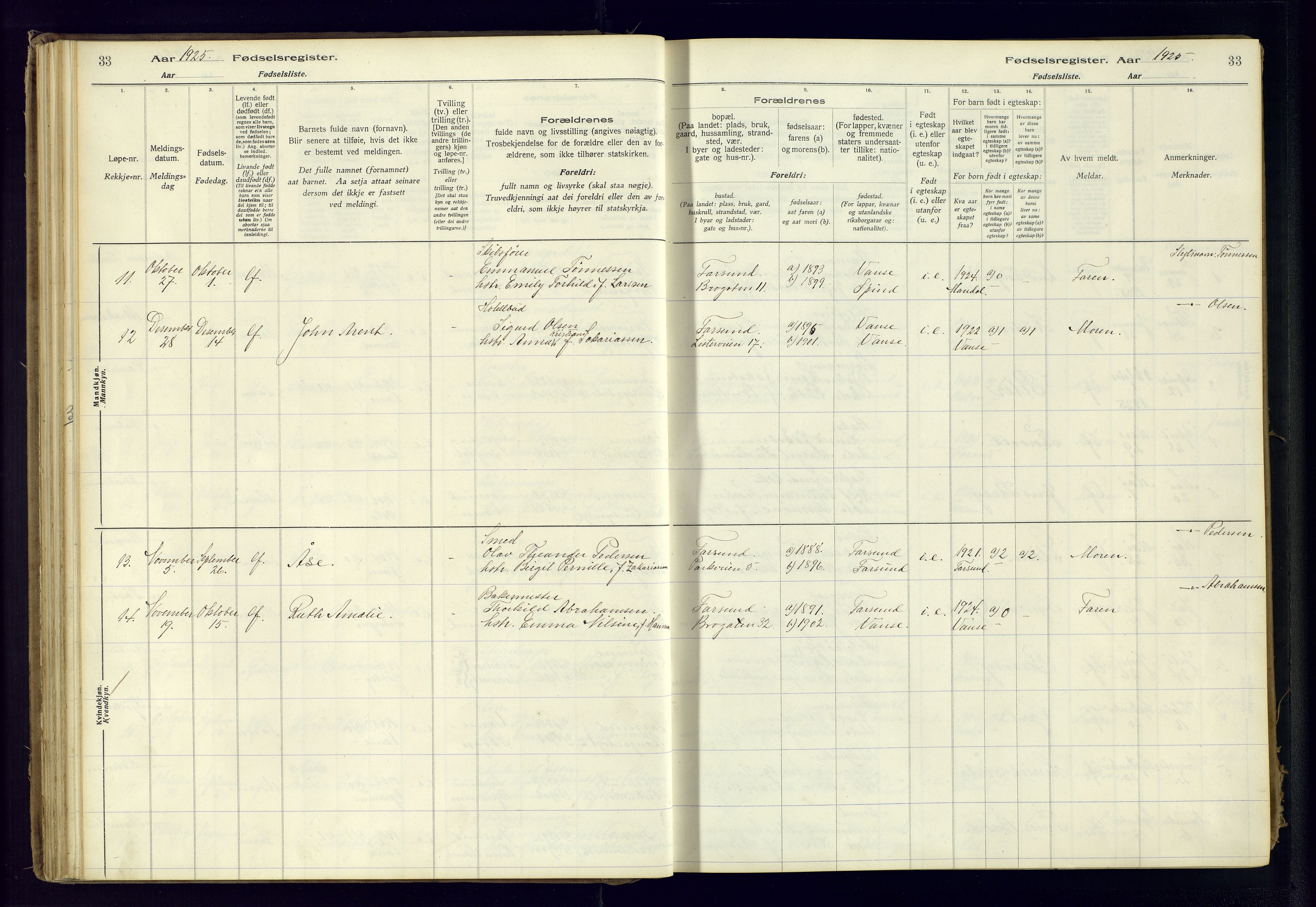Farsund sokneprestkontor, SAK/1111-0009/J/Ja/L0001: Birth register no. A-VI-8, 1916-1950, p. 33