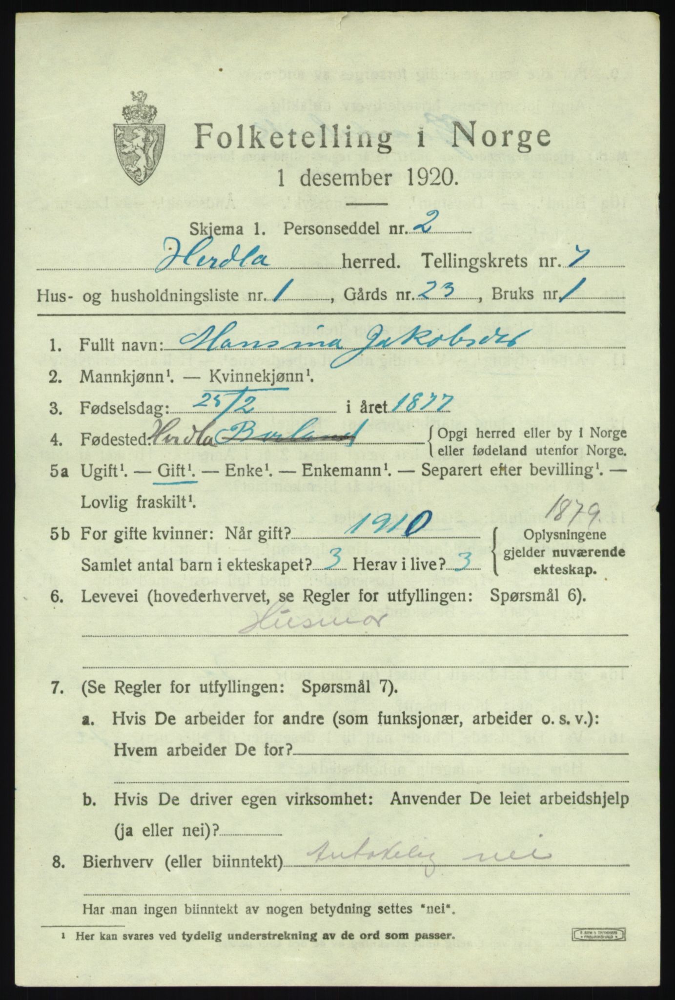 SAB, 1920 census for Herdla, 1920, p. 4871