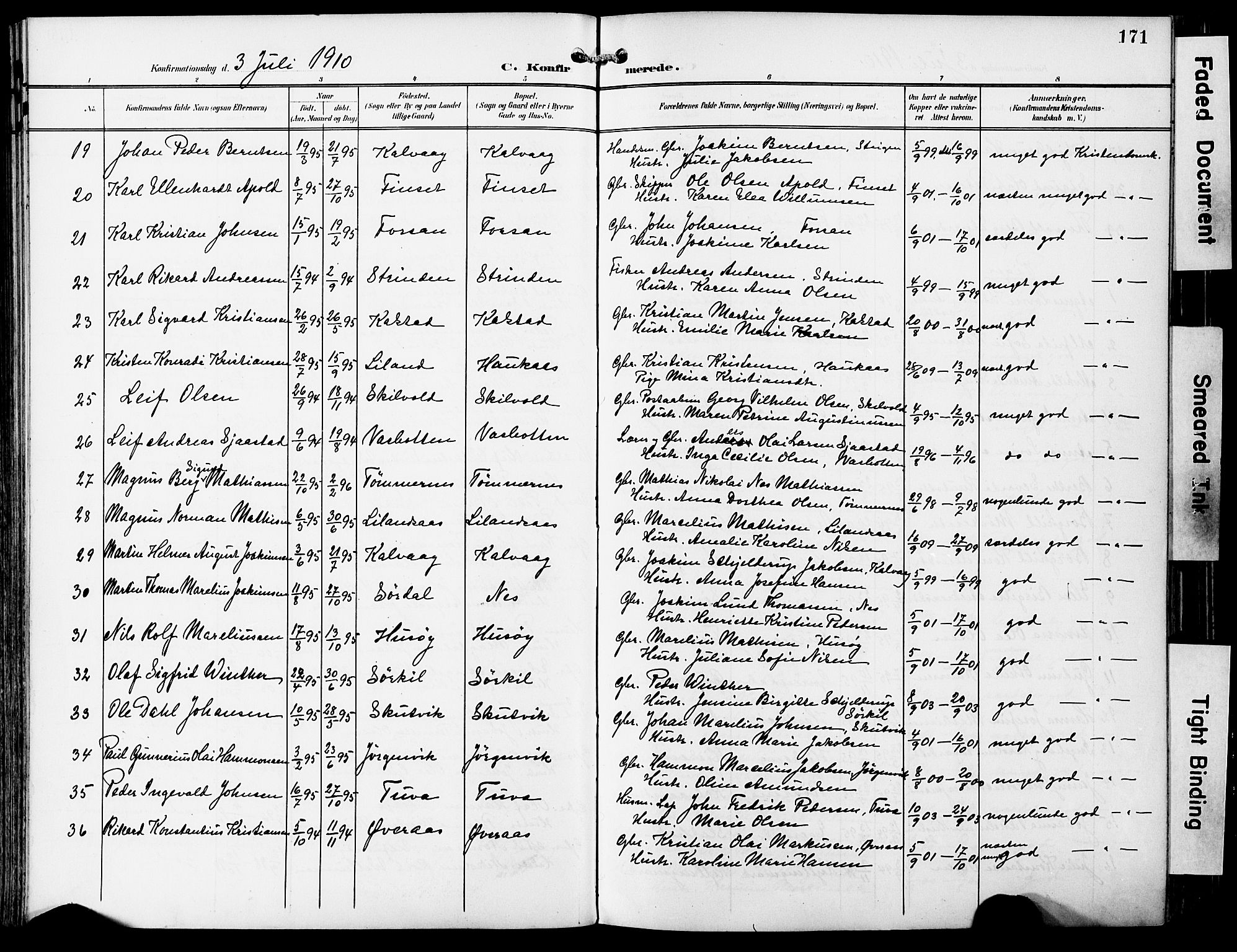 Ministerialprotokoller, klokkerbøker og fødselsregistre - Nordland, AV/SAT-A-1459/859/L0848: Parish register (official) no. 859A08, 1900-1912, p. 171