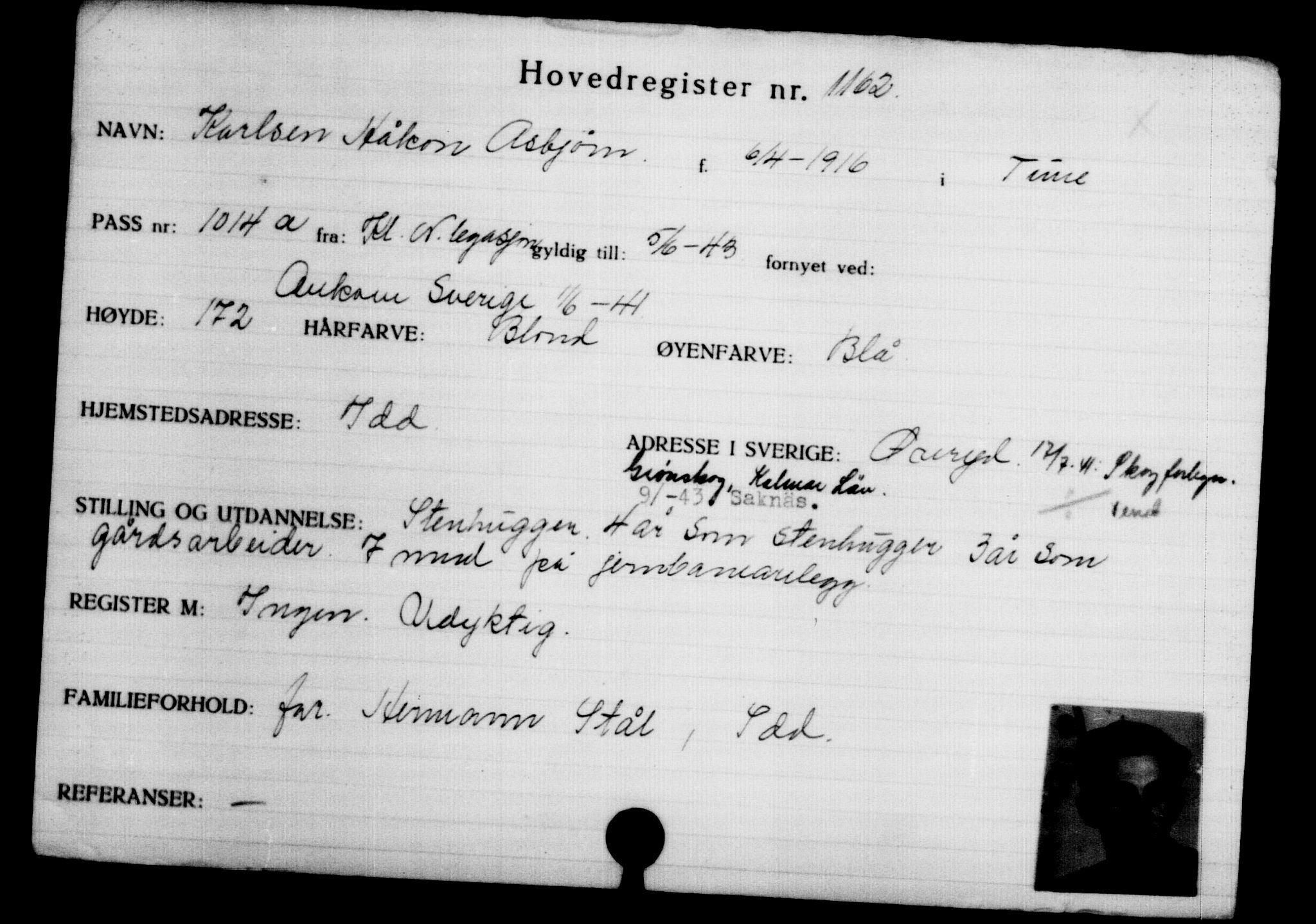 Utenriksstasjonene, Legasjonen i Stockholm, Flyktningkontoret, AV/RA-S-6753/V/Va/L0002: Kjesäterkartoteket, flyktninger med registreringsnr. 1001-2000, 1940-1945, p. 251