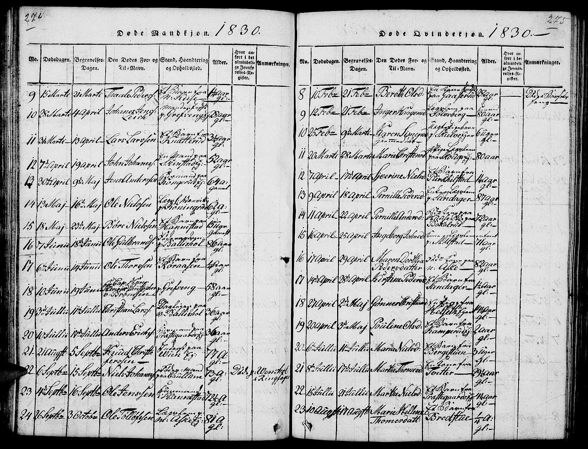 Nes prestekontor, Hedmark, AV/SAH-PREST-020/L/La/L0003: Parish register (copy) no. 3, 1814-1831, p. 274-275