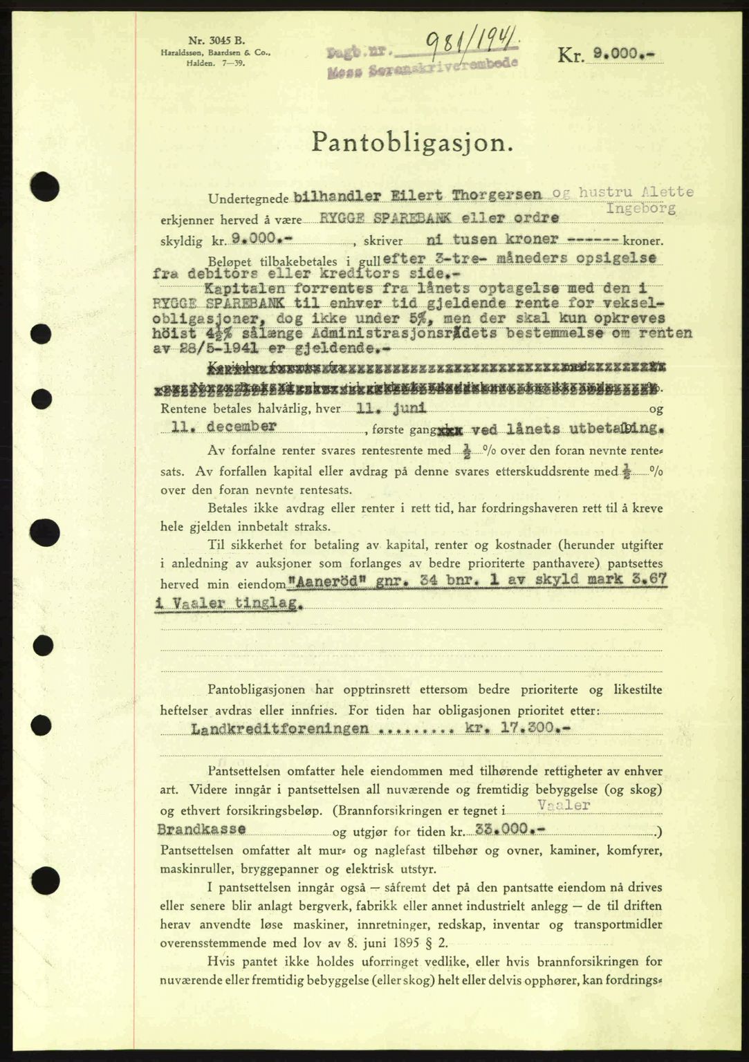 Moss sorenskriveri, AV/SAO-A-10168: Mortgage book no. B10, 1940-1941, Diary no: : 981/1941