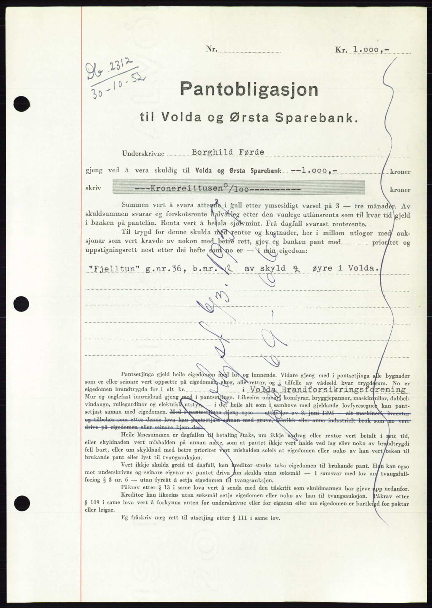 Søre Sunnmøre sorenskriveri, AV/SAT-A-4122/1/2/2C/L0122: Mortgage book no. 10B, 1952-1953, Diary no: : 2312/1952