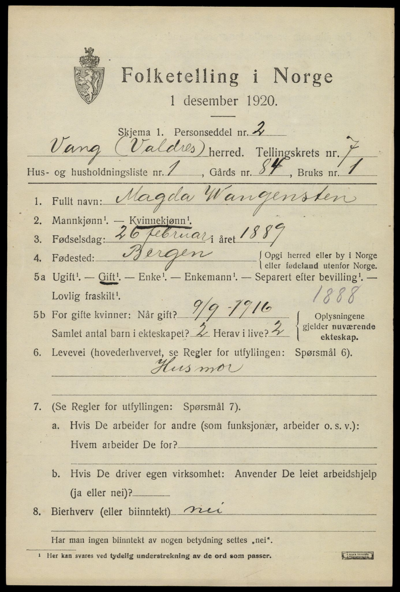 SAH, 1920 census for Vang (Oppland), 1920, p. 3085