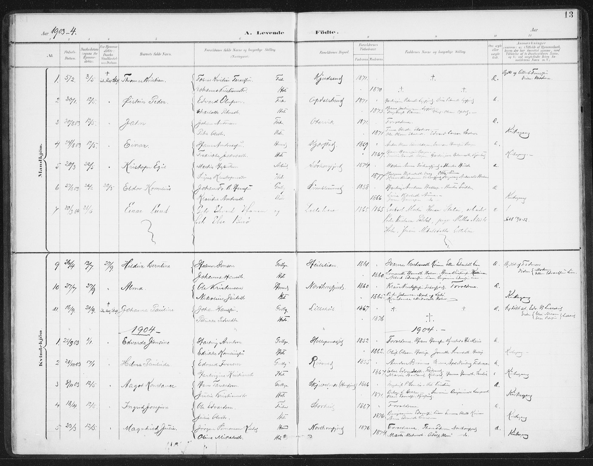 Ministerialprotokoller, klokkerbøker og fødselsregistre - Nordland, AV/SAT-A-1459/811/L0167: Parish register (official) no. 811A04, 1899-1913, p. 13