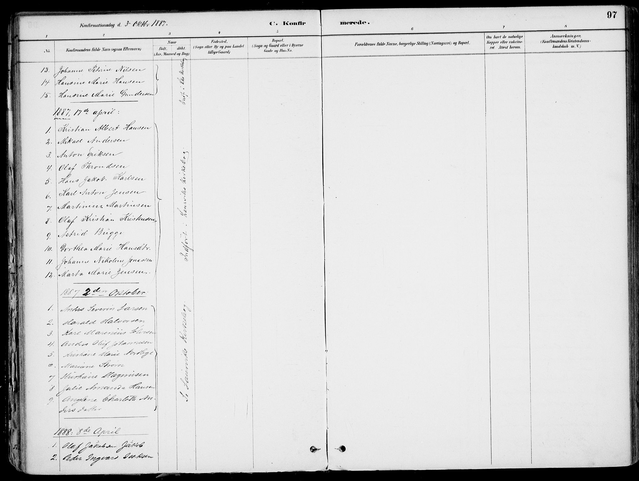 Larvik kirkebøker, AV/SAKO-A-352/F/Fb/L0004: Parish register (official) no. II 4, 1884-1902, p. 97