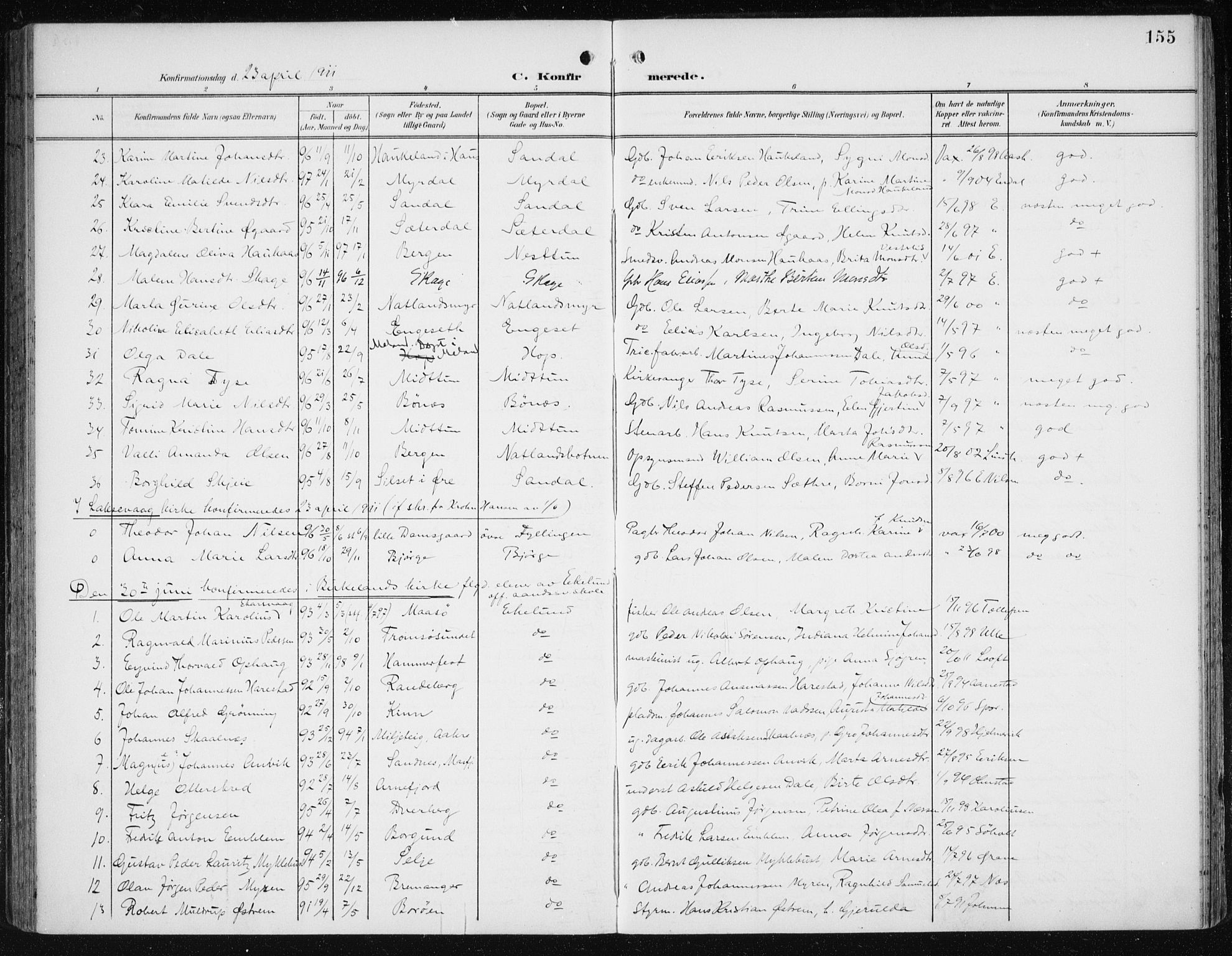 Fana Sokneprestembete, SAB/A-75101/H/Haa/Haai/L0003: Parish register (official) no. I 3, 1900-1912, p. 155