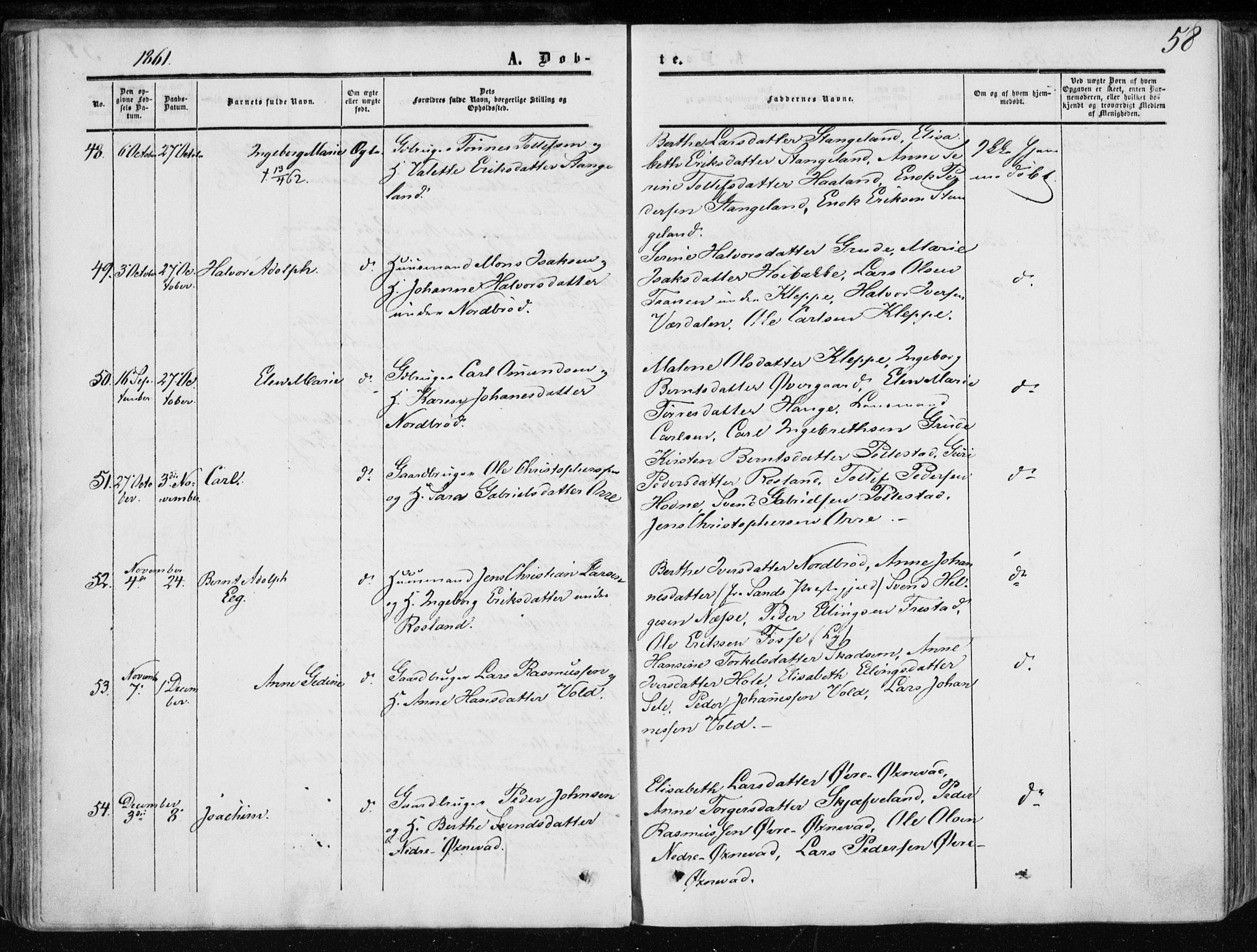 Klepp sokneprestkontor, AV/SAST-A-101803/001/3/30BA/L0005: Parish register (official) no. A 5, 1853-1870, p. 58