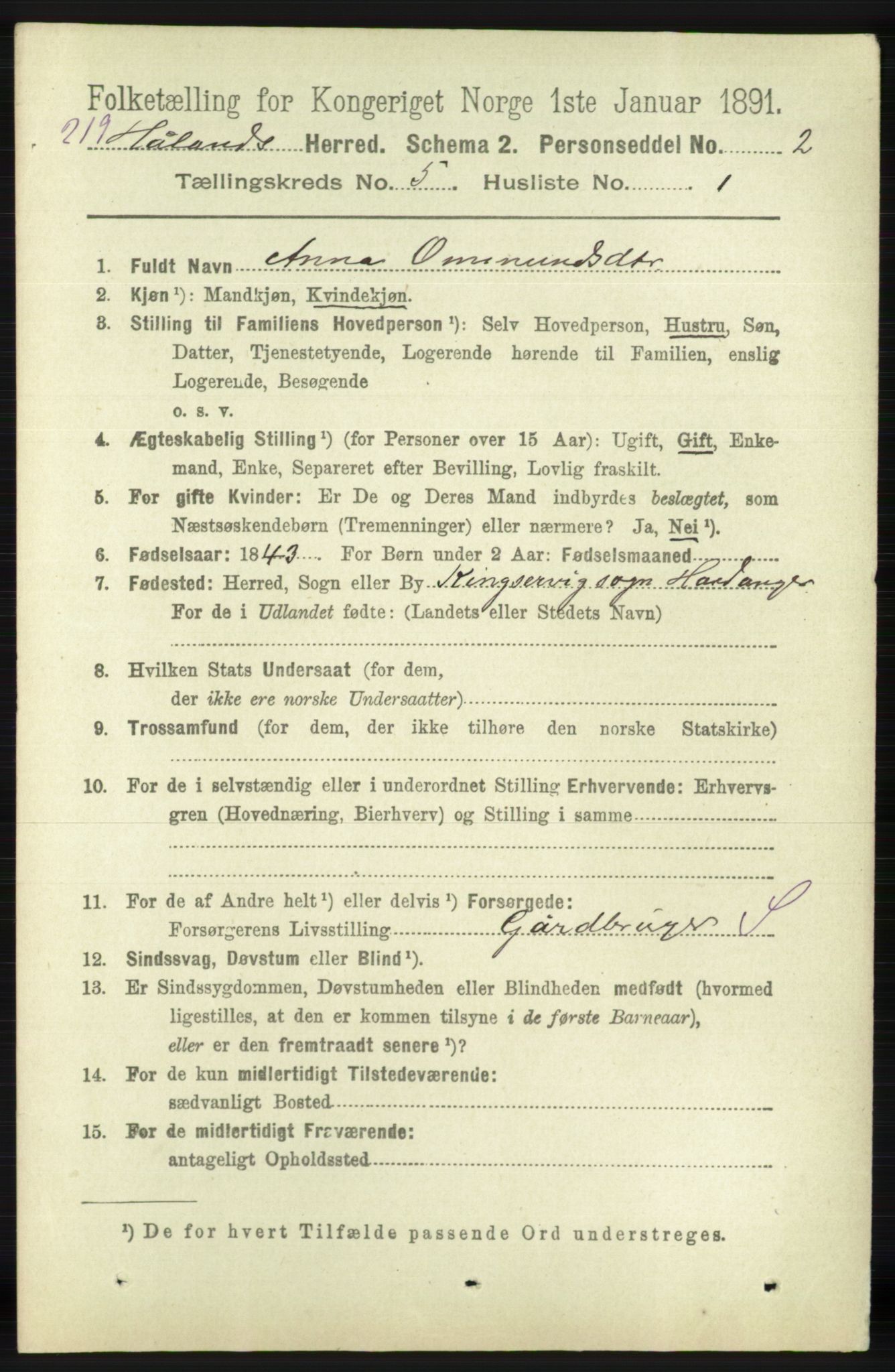 RA, 1891 census for 1124 Haaland, 1891, p. 3300