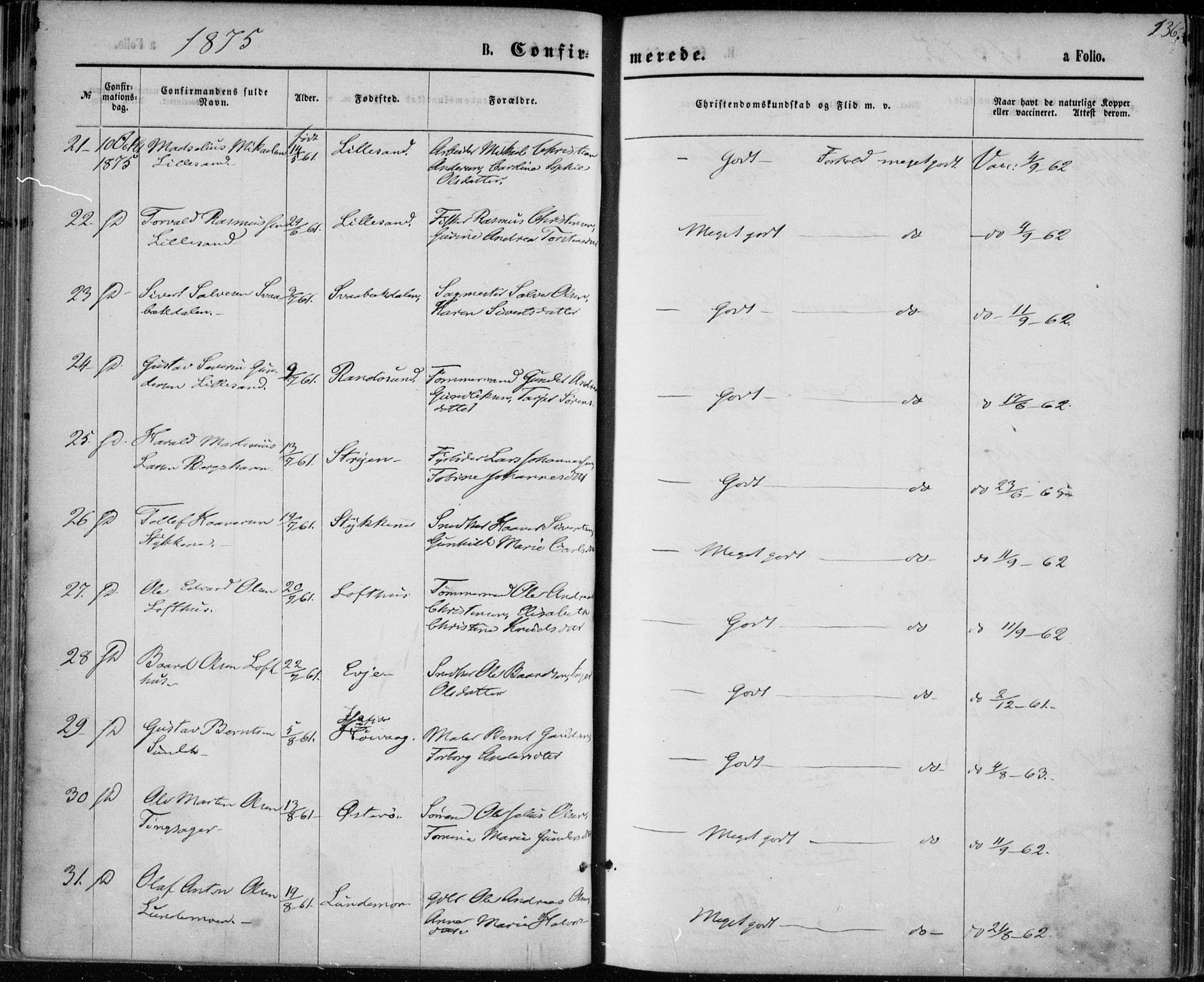 Vestre Moland sokneprestkontor, AV/SAK-1111-0046/F/Fa/Fab/L0008: Parish register (official) no. A 8, 1873-1883, p. 136