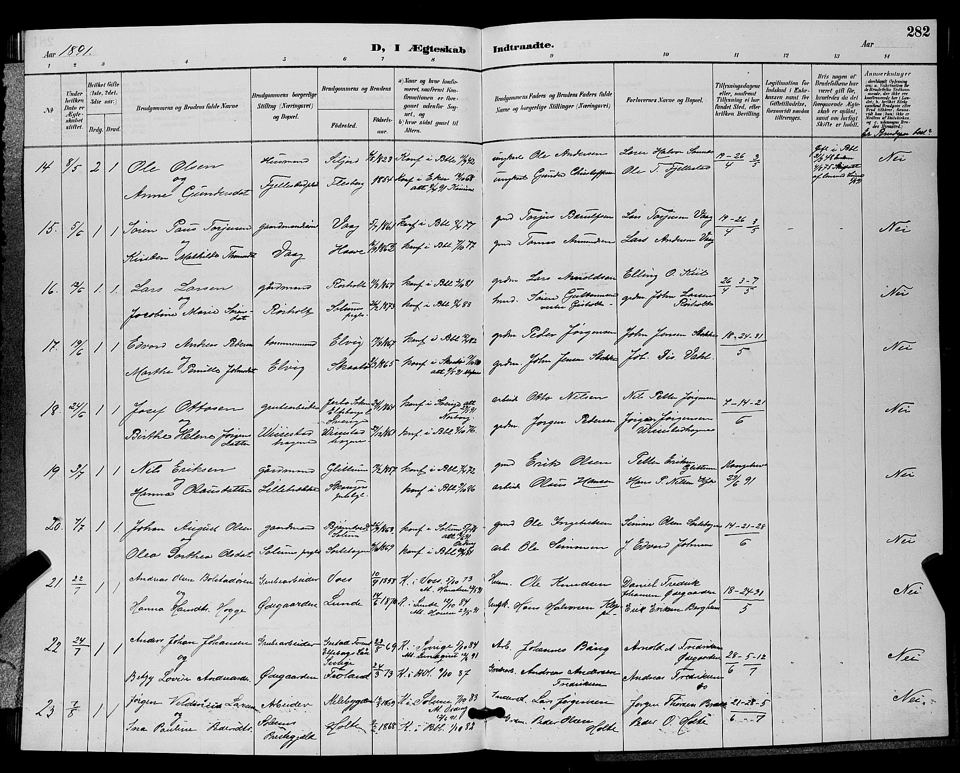 Bamble kirkebøker, AV/SAKO-A-253/G/Ga/L0009: Parish register (copy) no. I 9, 1888-1900, p. 282