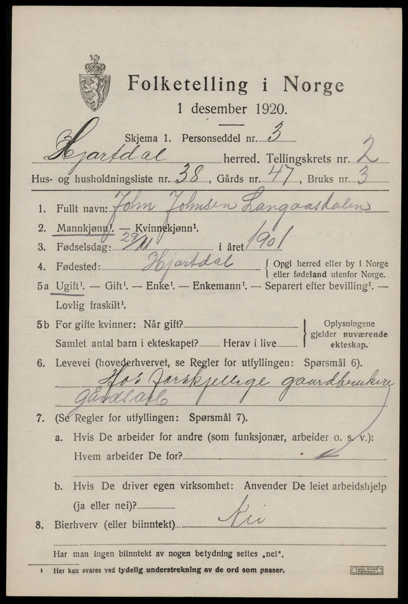 SAKO, 1920 census for Hjartdal, 1920, p. 2222
