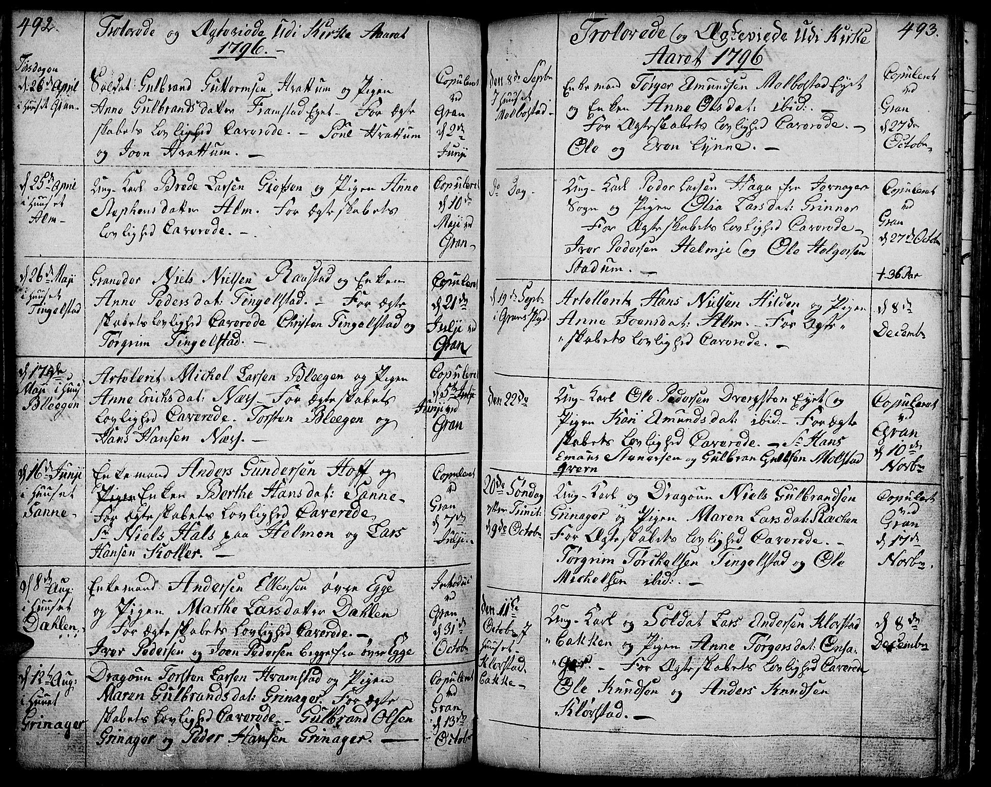 Gran prestekontor, AV/SAH-PREST-112/H/Ha/Haa/L0006: Parish register (official) no. 6, 1787-1824, p. 492-493