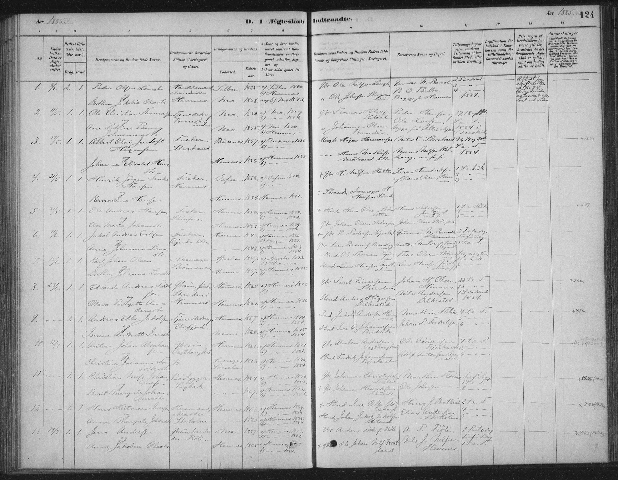 Ministerialprotokoller, klokkerbøker og fødselsregistre - Nordland, AV/SAT-A-1459/825/L0361: Parish register (official) no. 825A15, 1878-1893, p. 124