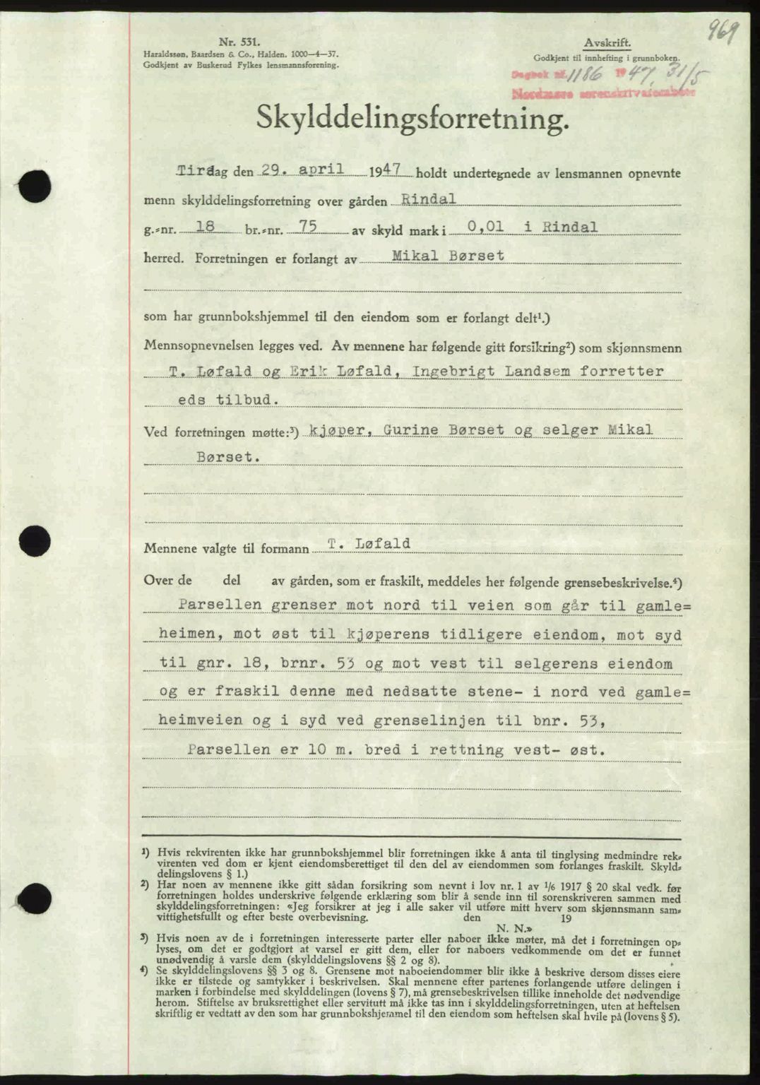 Nordmøre sorenskriveri, AV/SAT-A-4132/1/2/2Ca: Mortgage book no. A104, 1947-1947, Diary no: : 1186/1947