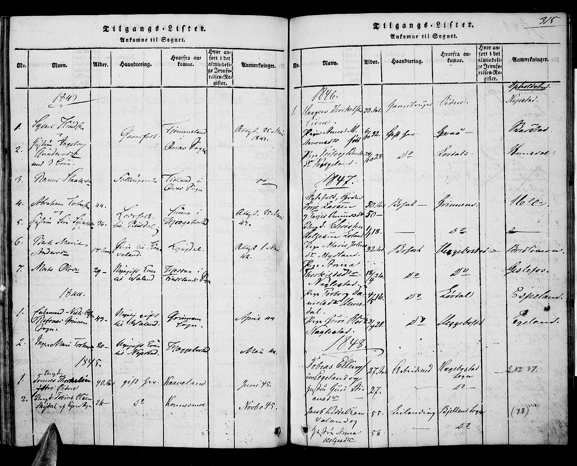 Nord-Audnedal sokneprestkontor, AV/SAK-1111-0032/F/Fa/Faa/L0001: Parish register (official) no. A 1, 1815-1856, p. 315