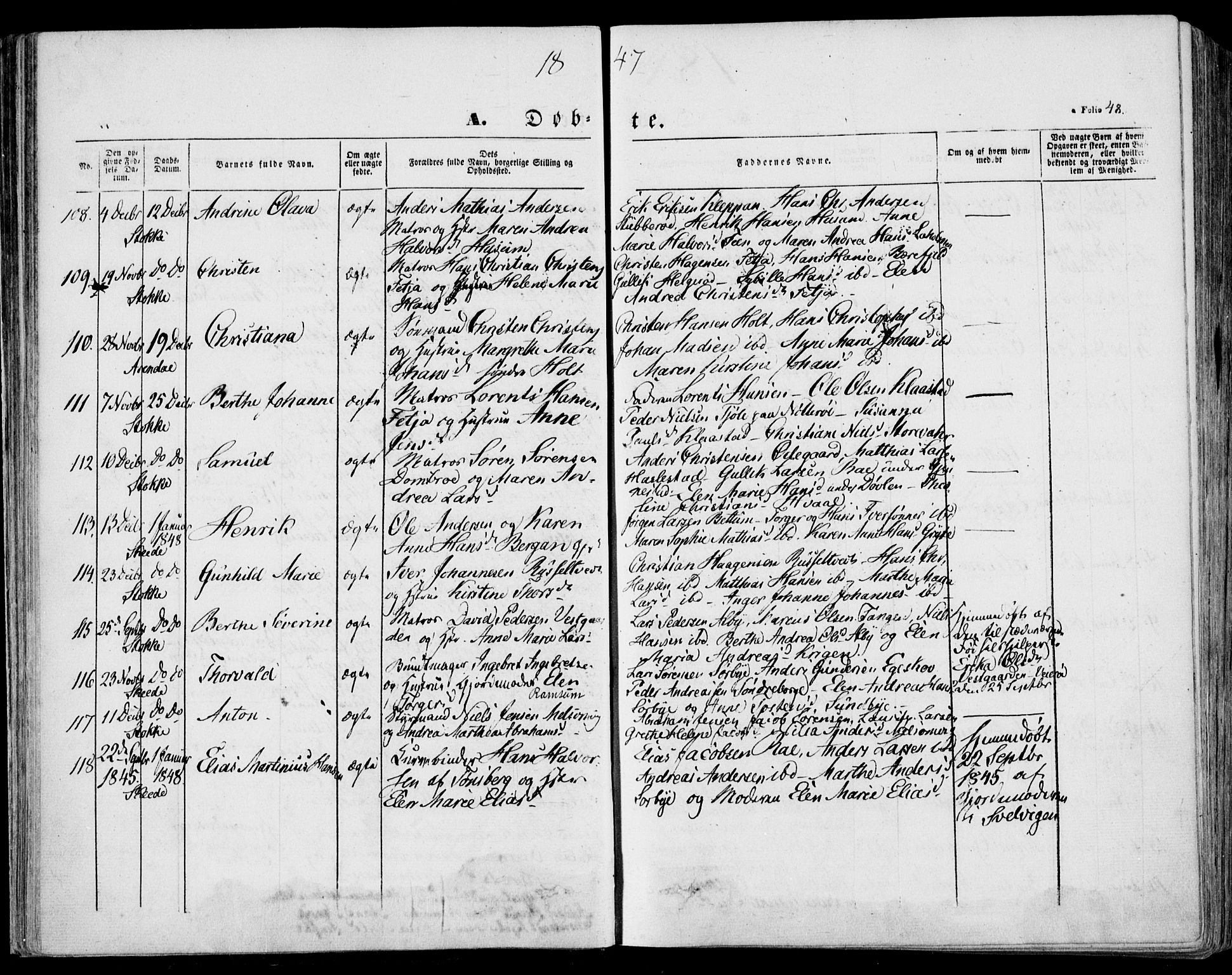 Stokke kirkebøker, AV/SAKO-A-320/F/Fa/L0007: Parish register (official) no. I 7, 1844-1857, p. 48