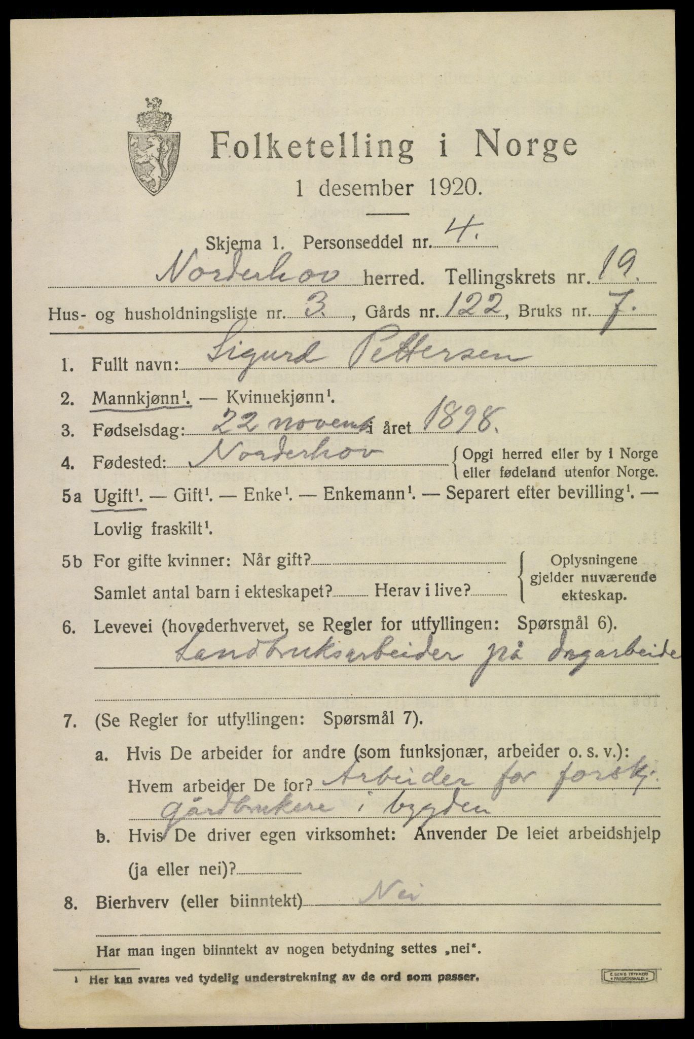 SAKO, 1920 census for Norderhov, 1920, p. 20332