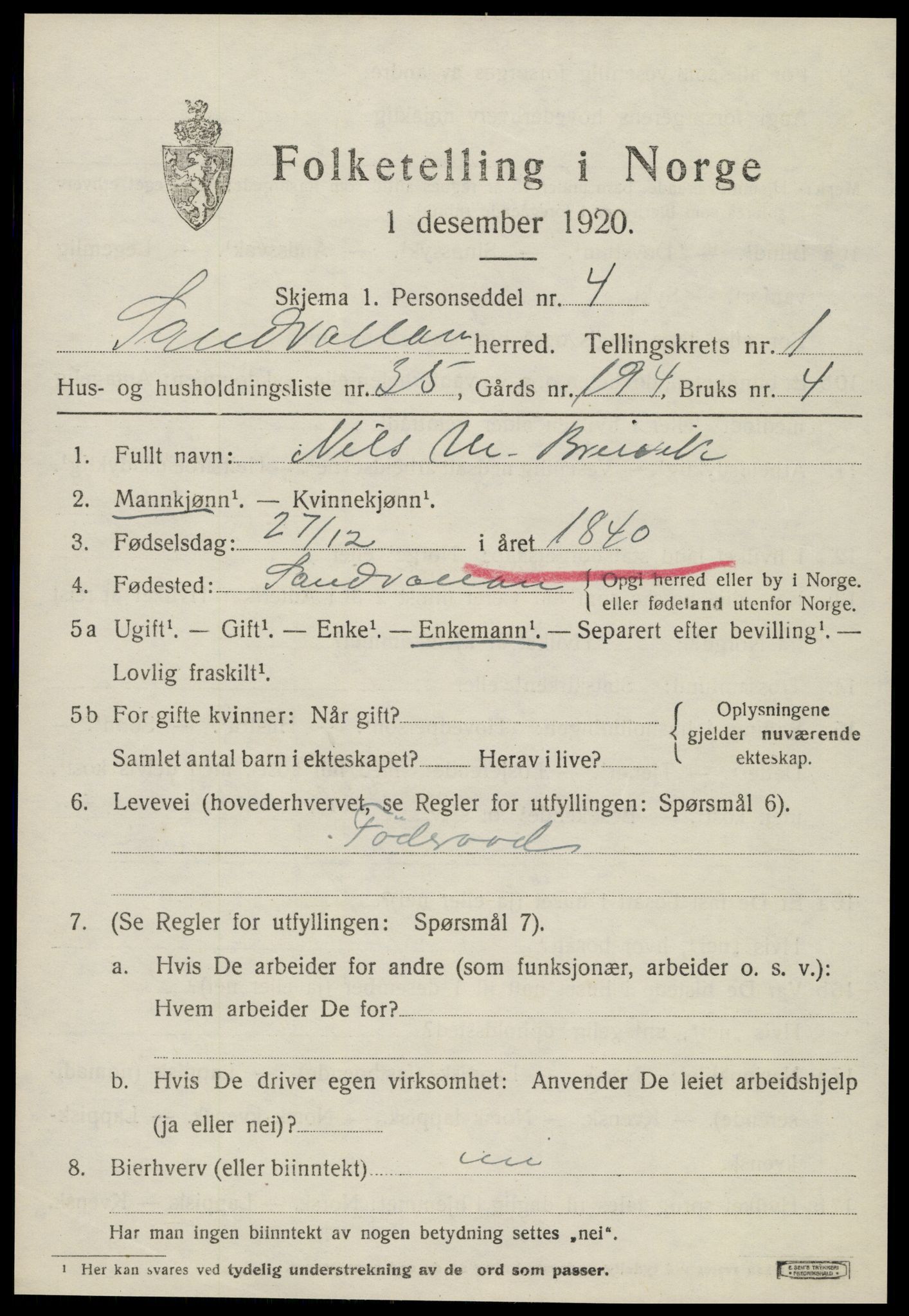 SAT, 1920 census for Sandvollan, 1920, p. 647