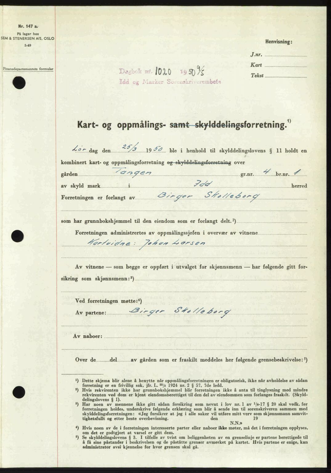 Idd og Marker sorenskriveri, AV/SAO-A-10283/G/Gb/Gbb/L0014: Mortgage book no. A14, 1950-1950, Diary no: : 1020/1950