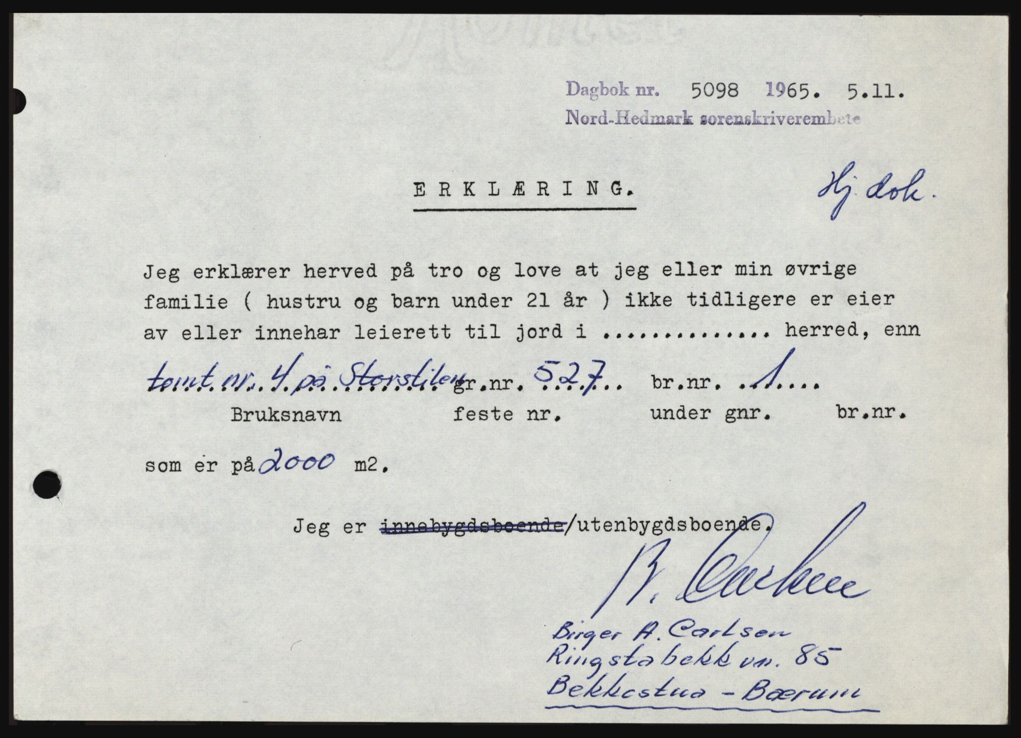 Nord-Hedmark sorenskriveri, SAH/TING-012/H/Hc/L0022: Mortgage book no. 22, 1965-1965, Diary no: : 5098/1965