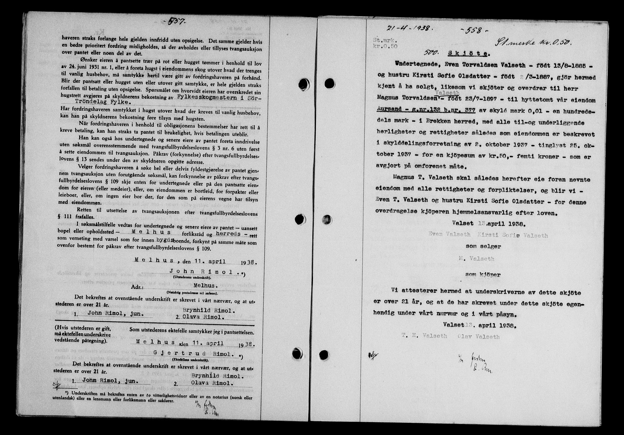 Gauldal sorenskriveri, SAT/A-0014/1/2/2C/L0048: Mortgage book no. 51-52, 1937-1938, p. 557-558, Diary no: : 500/1938