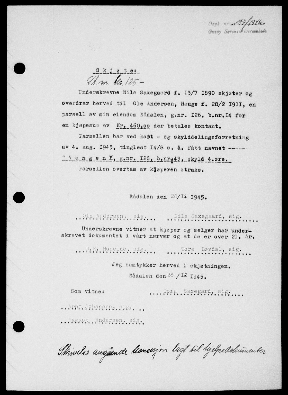 Onsøy sorenskriveri, SAO/A-10474/G/Ga/Gab/L0015: Mortgage book no. II A-15, 1945-1946, Diary no: : 187/1946
