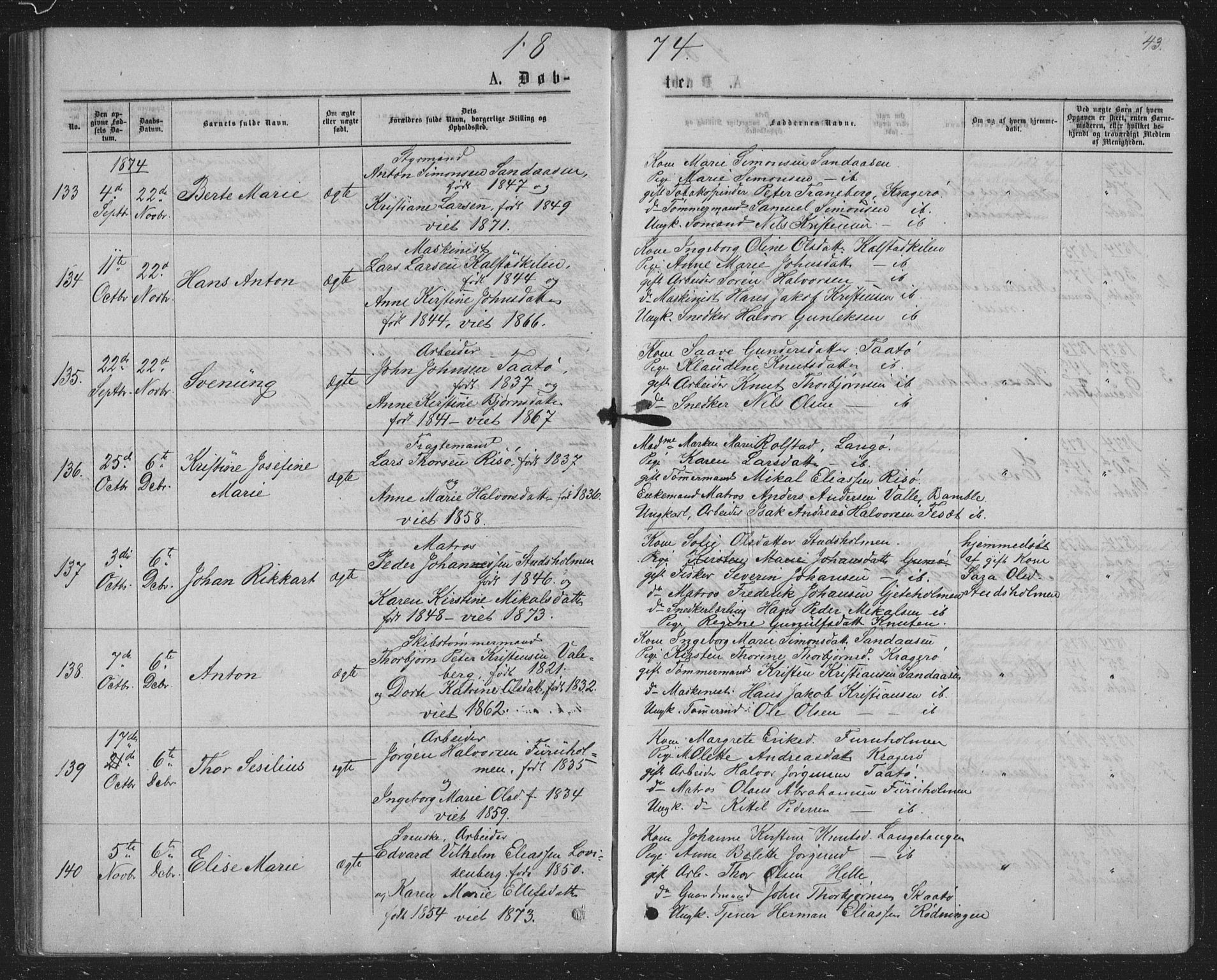 Skåtøy kirkebøker, AV/SAKO-A-304/G/Ga/L0002: Parish register (copy) no. I 2, 1872-1884, p. 43