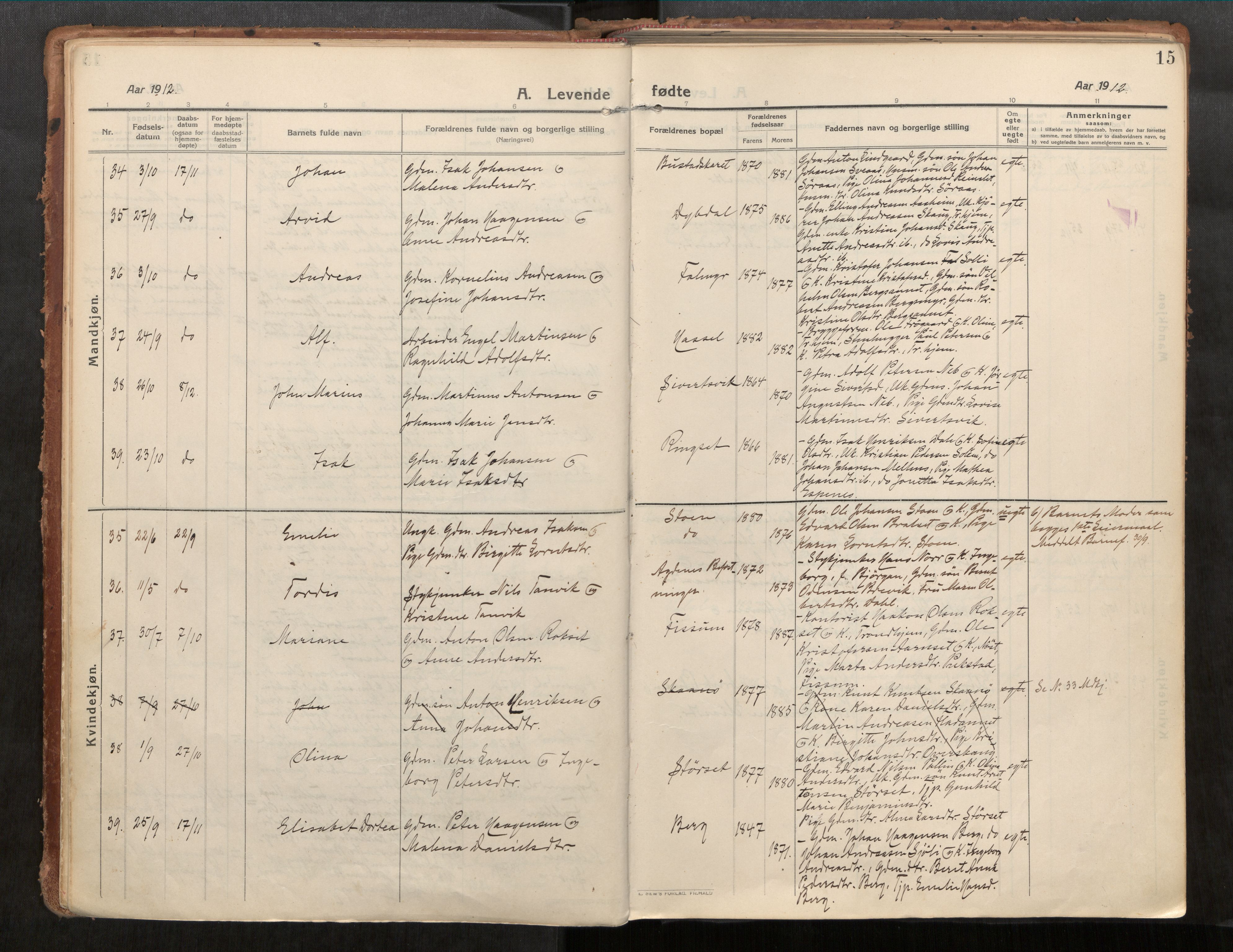 Stadsbygd sokneprestkontor, AV/SAT-A-1117/1/I/I1/I1a/L0001: Parish register (official) no. 1, 1911-1929, p. 15