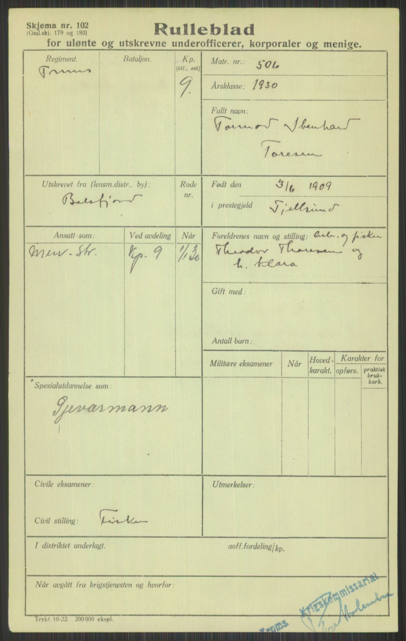 Forsvaret, Troms infanteriregiment nr. 16, AV/RA-RAFA-3146/P/Pa/L0014: Rulleblad for regimentets menige mannskaper, årsklasse 1930, 1930, p. 1059