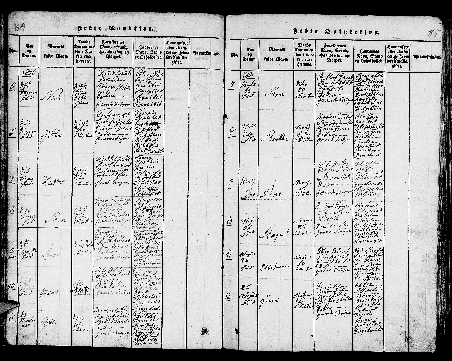 Helleland sokneprestkontor, AV/SAST-A-101810: Parish register (copy) no. B 1, 1815-1841, p. 84-85