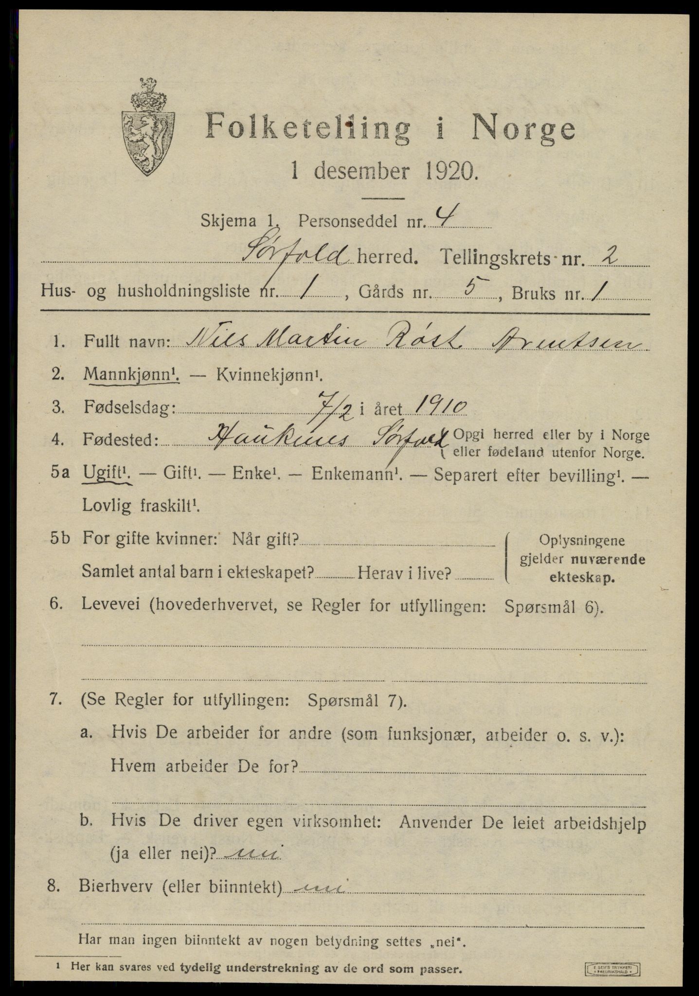 SAT, 1920 census for Sørfold, 1920, p. 1347