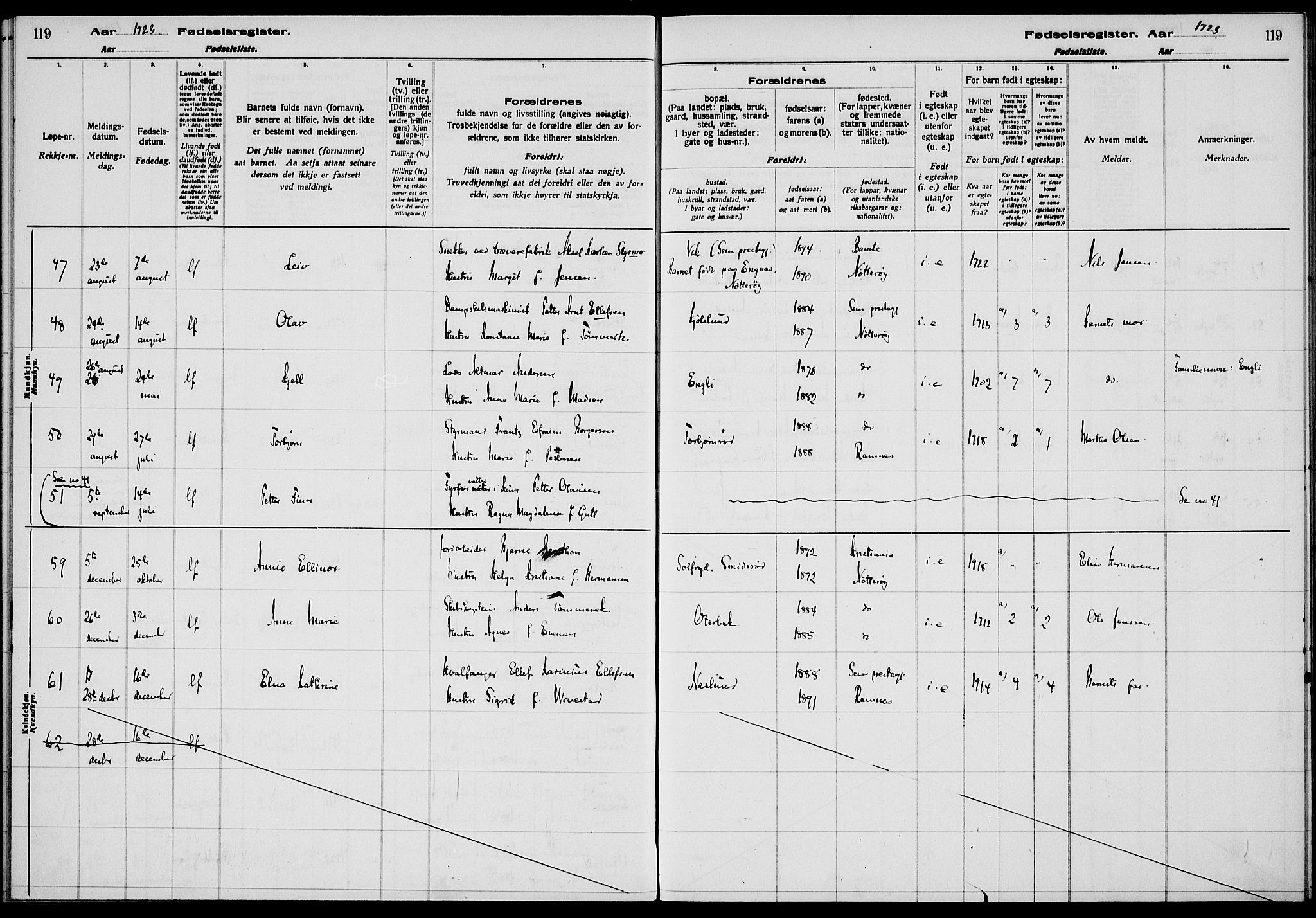 Nøtterøy kirkebøker, AV/SAKO-A-354/J/Ja/L0001: Birth register no. 1, 1916-1928, p. 119