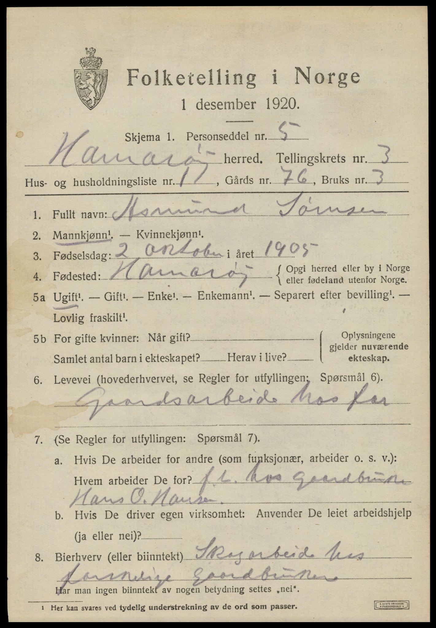 SAT, 1920 census for Hamarøy, 1920, p. 2110