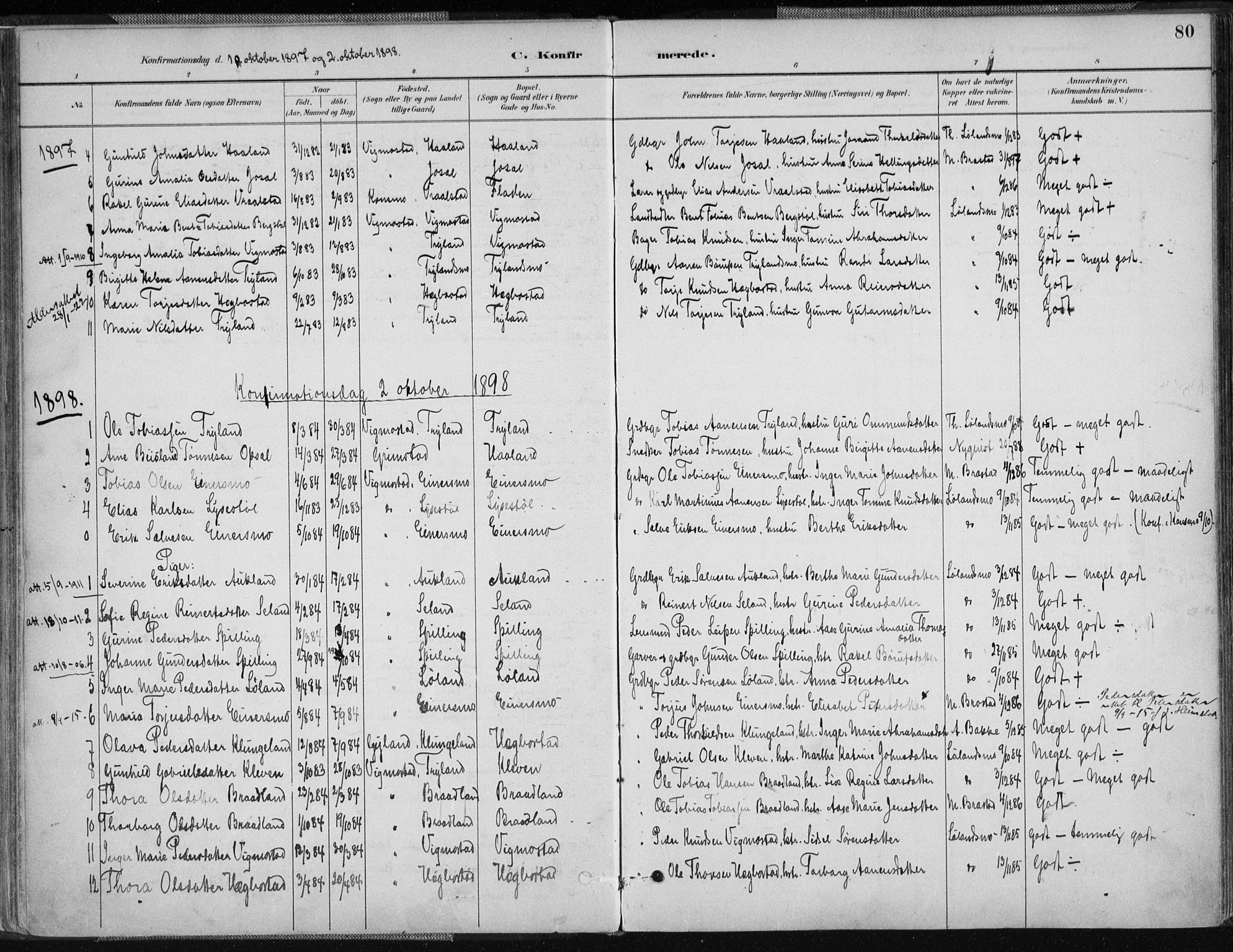 Nord-Audnedal sokneprestkontor, AV/SAK-1111-0032/F/Fa/Fab/L0003: Parish register (official) no. A 3, 1882-1900, p. 80