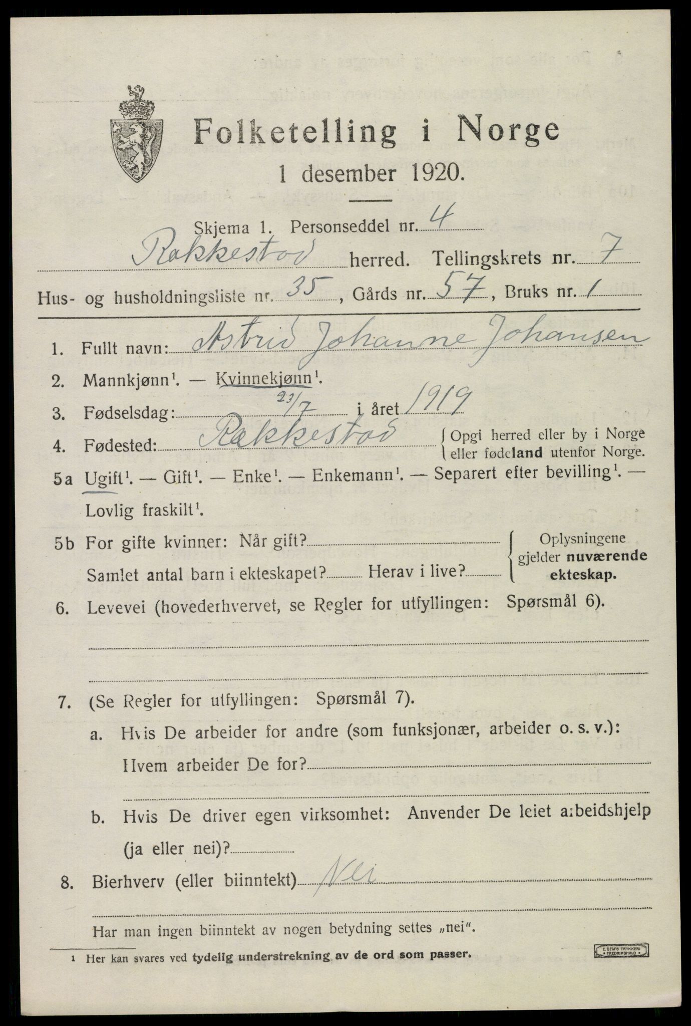 SAO, 1920 census for Rakkestad, 1920, p. 7255