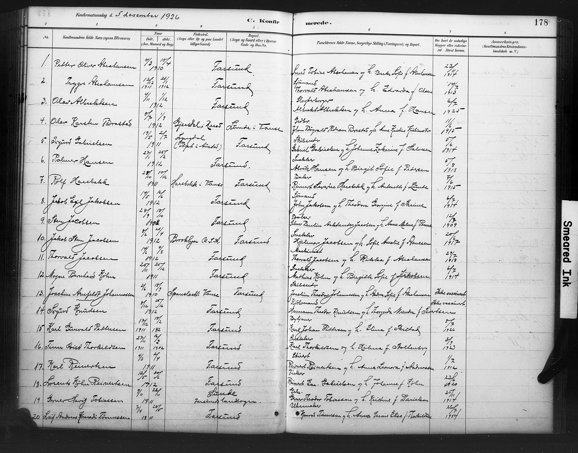 Farsund sokneprestkontor, AV/SAK-1111-0009/F/Fb/L0001: Parish register (copy) no. B 1, 1886-1931, p. 178